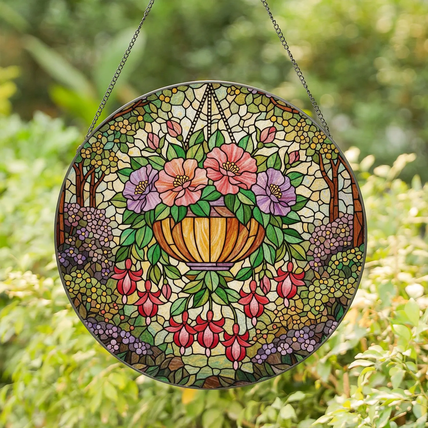 Tiffany Style Stained Glass Planter Overflowing Flowers Lush Jewel Garden Foliage Stained Glass Suncatcher - 1