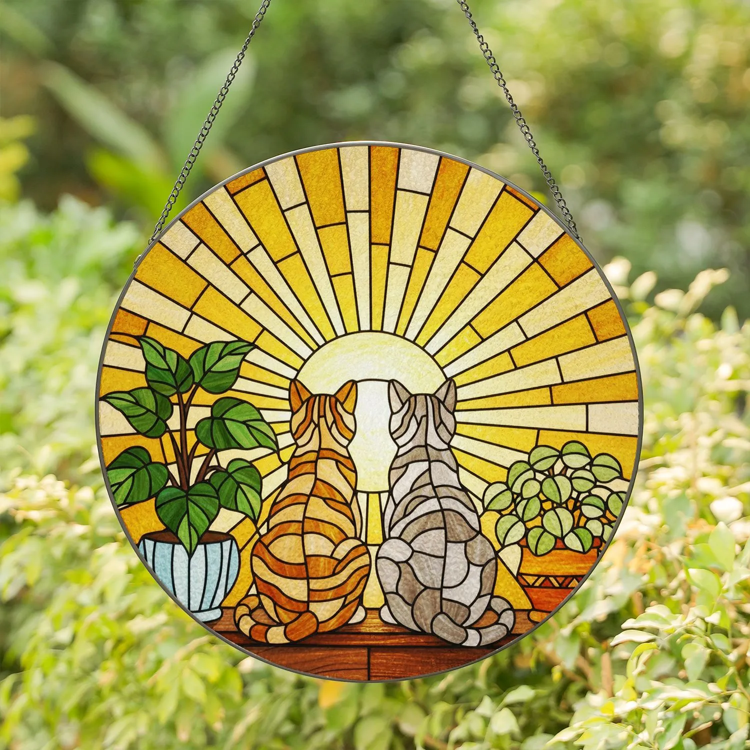 Stained Glass Tiffany Two Tabby Cats - Radiant Sunburst Sunrise Sunset Window Decor Stained Glass Suncatcher - 1