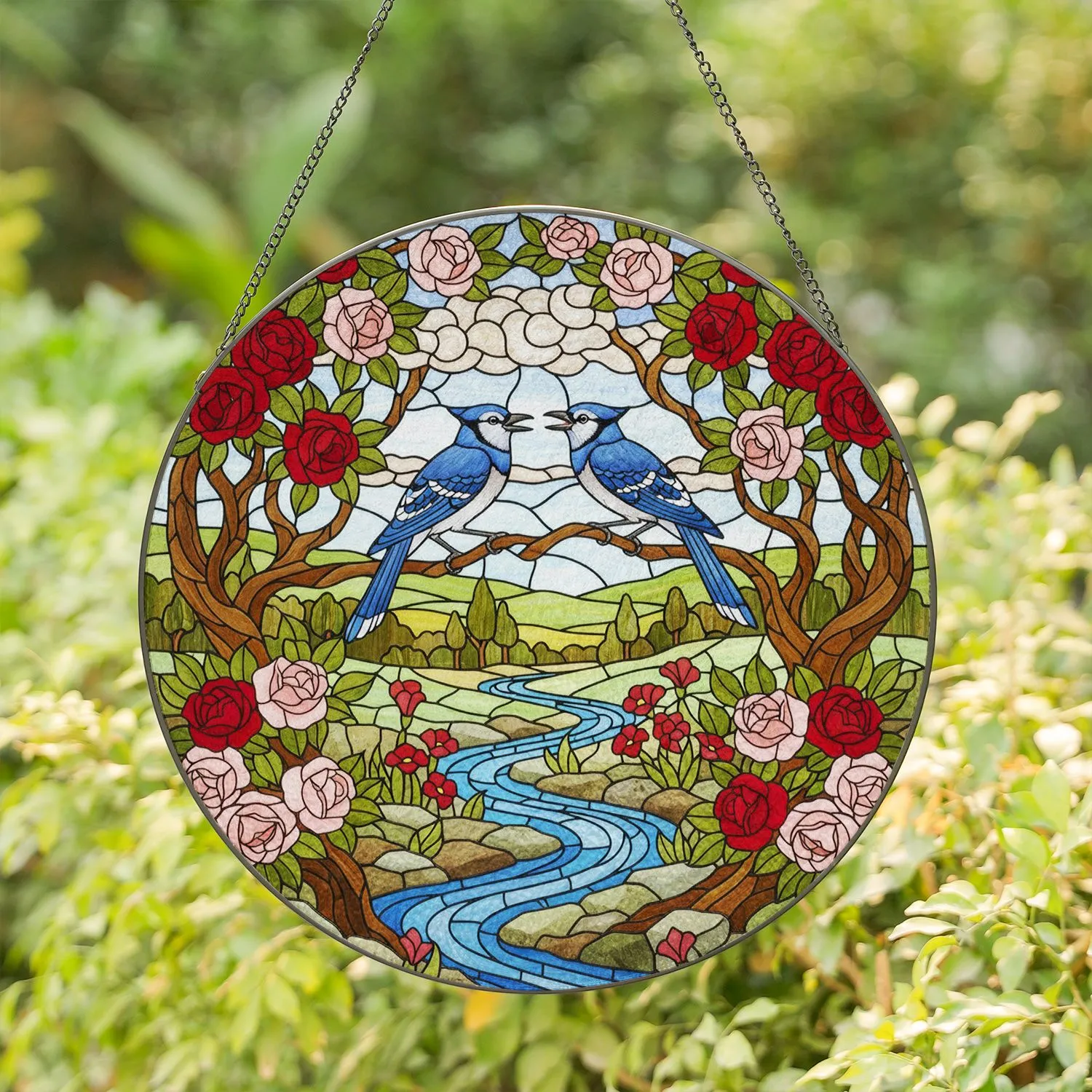 Two Blue Jays Roses River Tiffany Stained Glass - Intricate Nature Bird Art Gift Stained Glass Suncatcher - 1