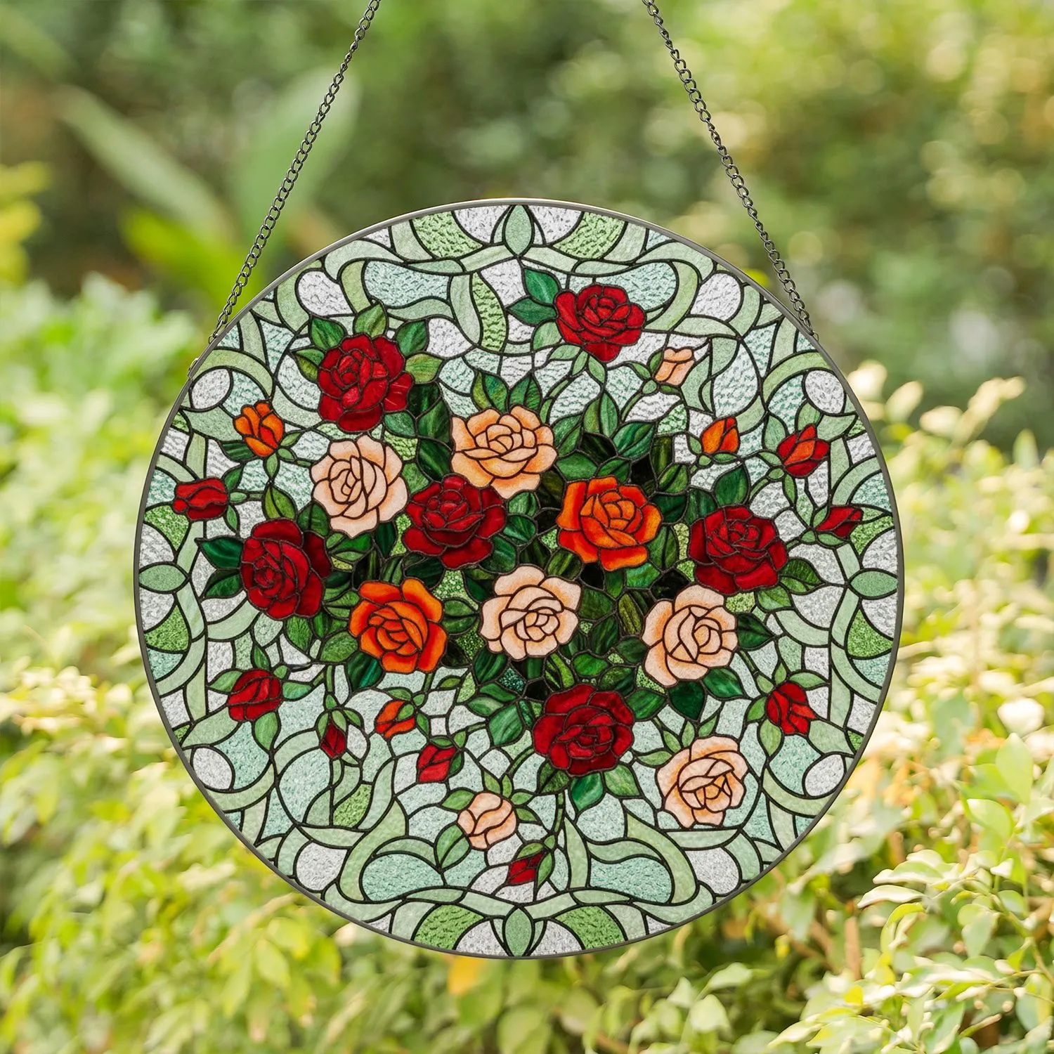Cascading Blooming Roses Rosebuds Stained Glass Mosaic - Tiffany Inspired Home Decor Stained Glass Suncatcher - 1