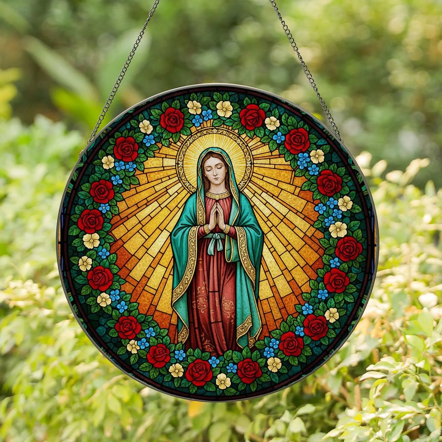 Virgin Mary Praying Floral Golden Halo Sunbeam Tiffany Glass - Spiritual Home Decor Stained Glass Suncatcher - 1