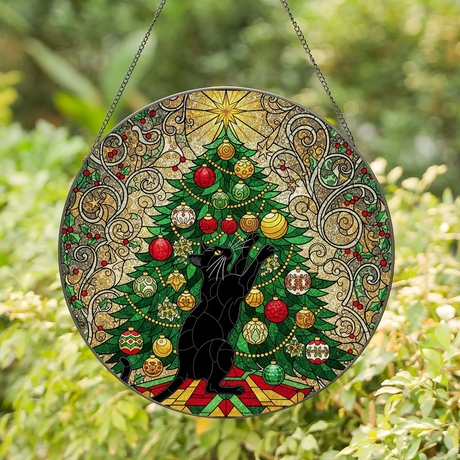 Black Cat Christmas Tree Ornament Stained Glass - Holiday Decor Gift for Cat Lover Stained Glass Suncatcher - 1