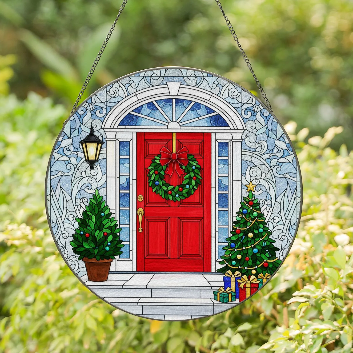 Festive Red Front Door Christmas Tree Wreath Winter Sky Tiffany Glass - Holiday Gift Stained Glass Suncatcher - 1