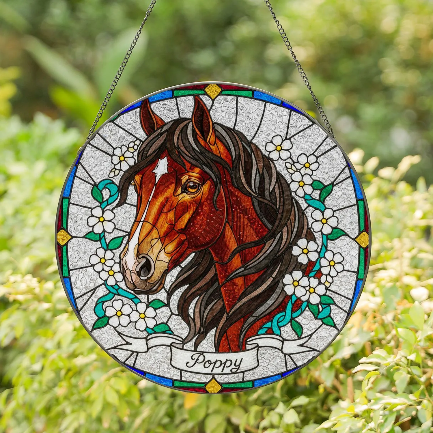 Tiffany Style Stained Glass Bay Horse Head Poppy, Intricate Mosaic, Emerald Green Stained Glass Suncatcher - 1