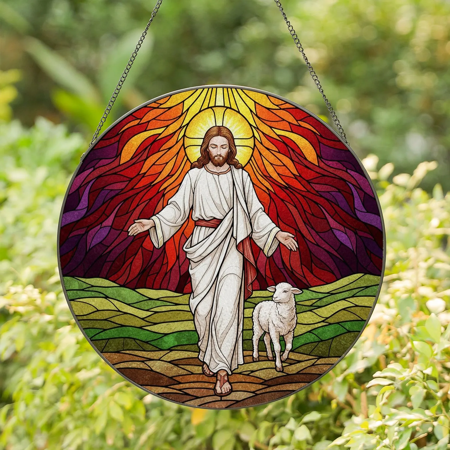Jesus Christ Lamb Stained Glass Tiffany Style - Radiant Sunburst Landscape Art Stained Glass Suncatcher - 1