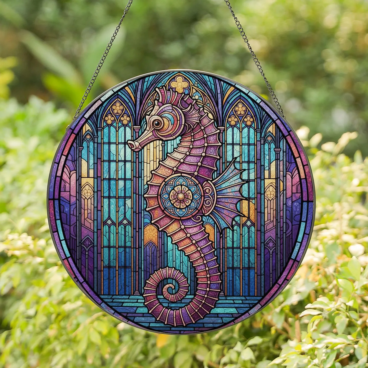 Intricate Seahorse Stained Glass Art - Tiffany Style Jewel Tone Gothic Window Mosaic Decor Stained Glass Suncatcher - 1