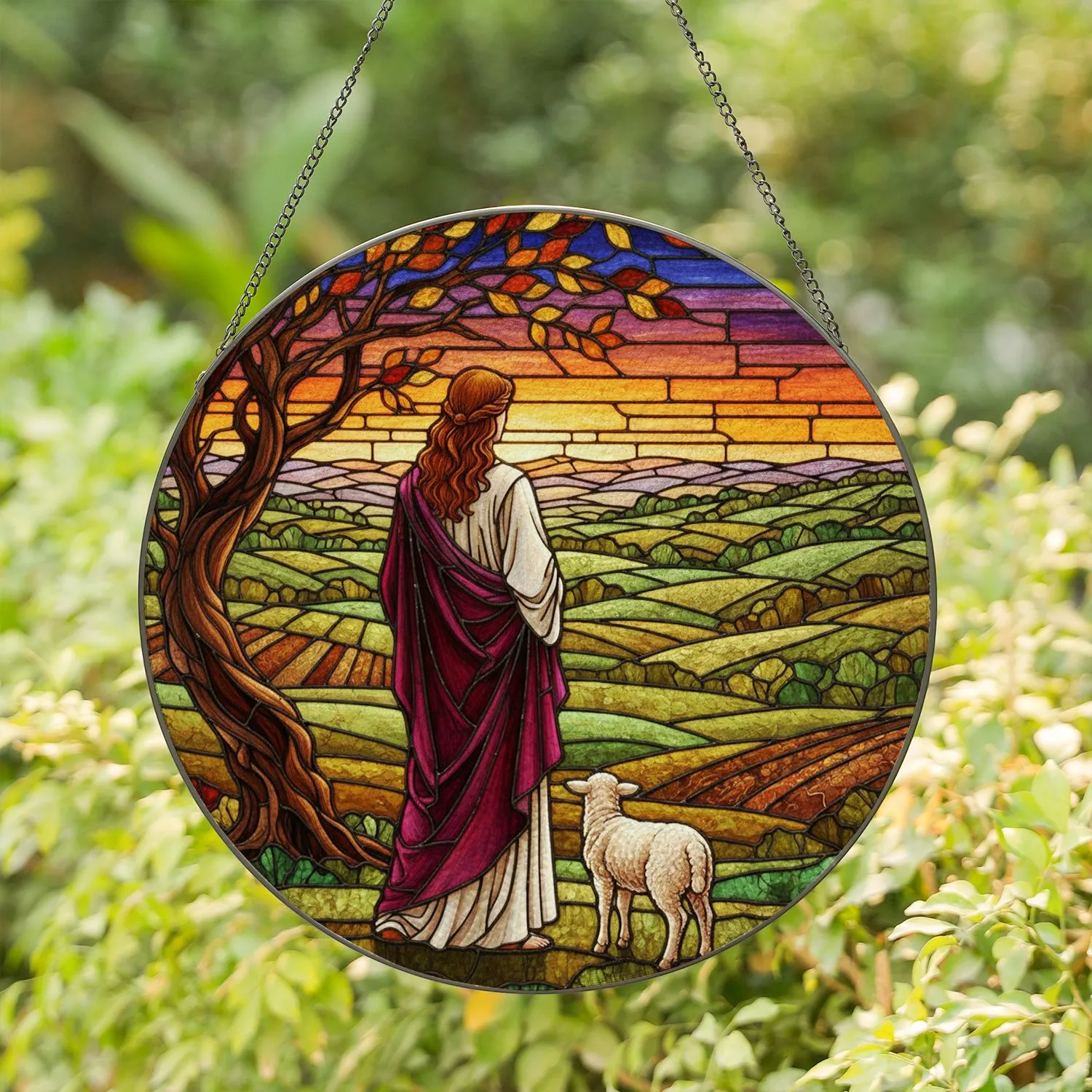 Robed Figure Lamb Gnarled Tree Autumn Foliage - Pastoral Hills Sunset Tiffany Glass Art Stained Glass Suncatcher - 1