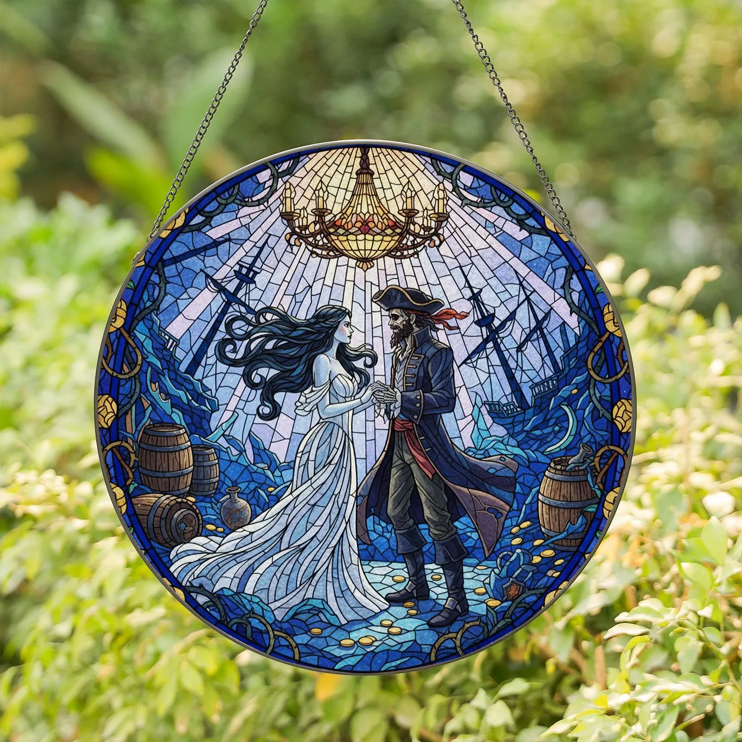 Ghostly Woman Skeletal Pirate Captain Stained Glass Underwater Ballroom Mosaic Art Stained Glass Suncatcher - 1