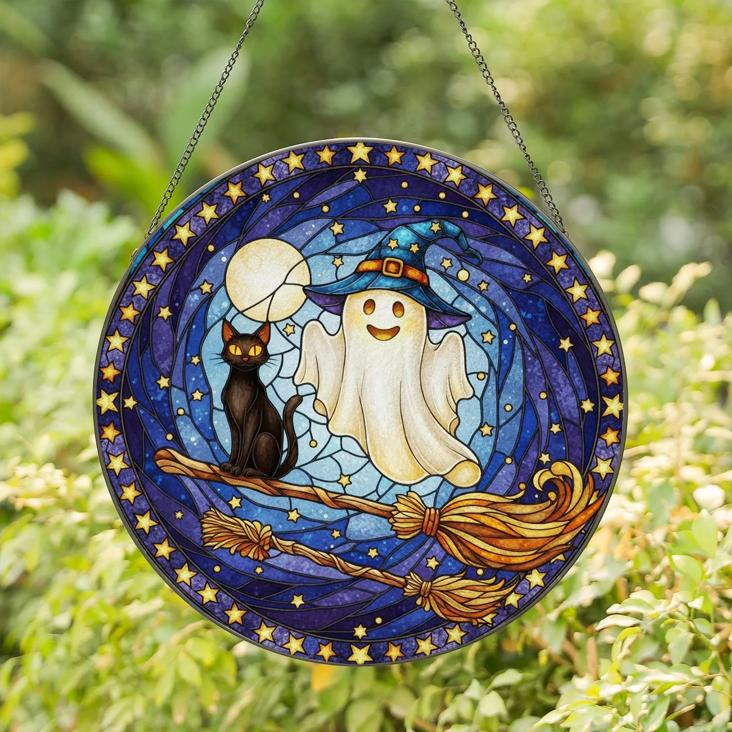 Glowing Ghost Black Cat Broomstick Flying Night Sky Moon Stained Glass Home Decor Stained Glass Suncatcher - 1