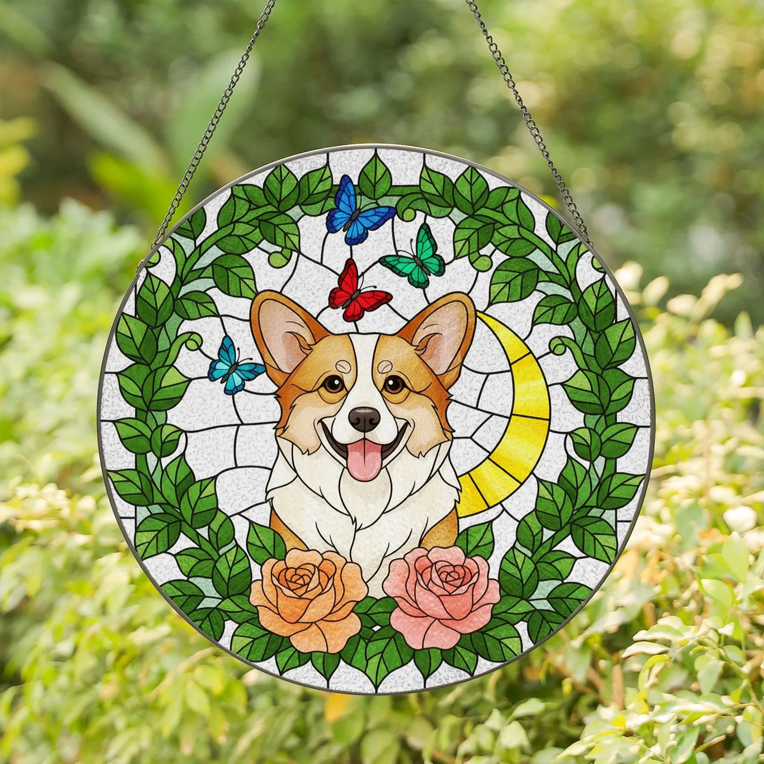 Corgi Dog Stained Glass Roses Butterflies Moon - Tiffany Style Window Art Gift for Corgi Lover Stained Glass Suncatcher - 1