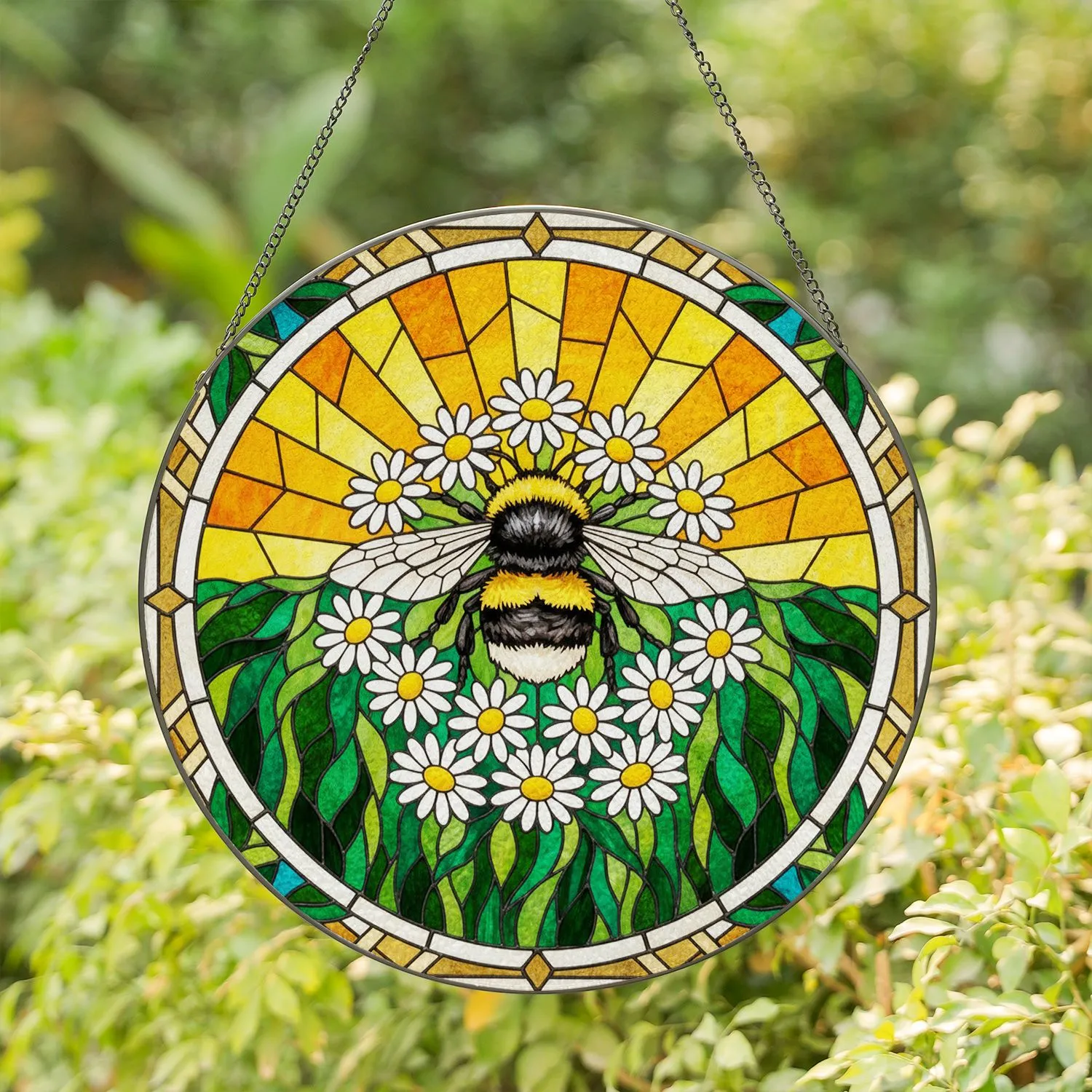 Bumblebee Pollinating Daisy Flowers Stained Glass Mosaic - Tiffany Style Nature Decor Stained Glass Suncatcher - 1