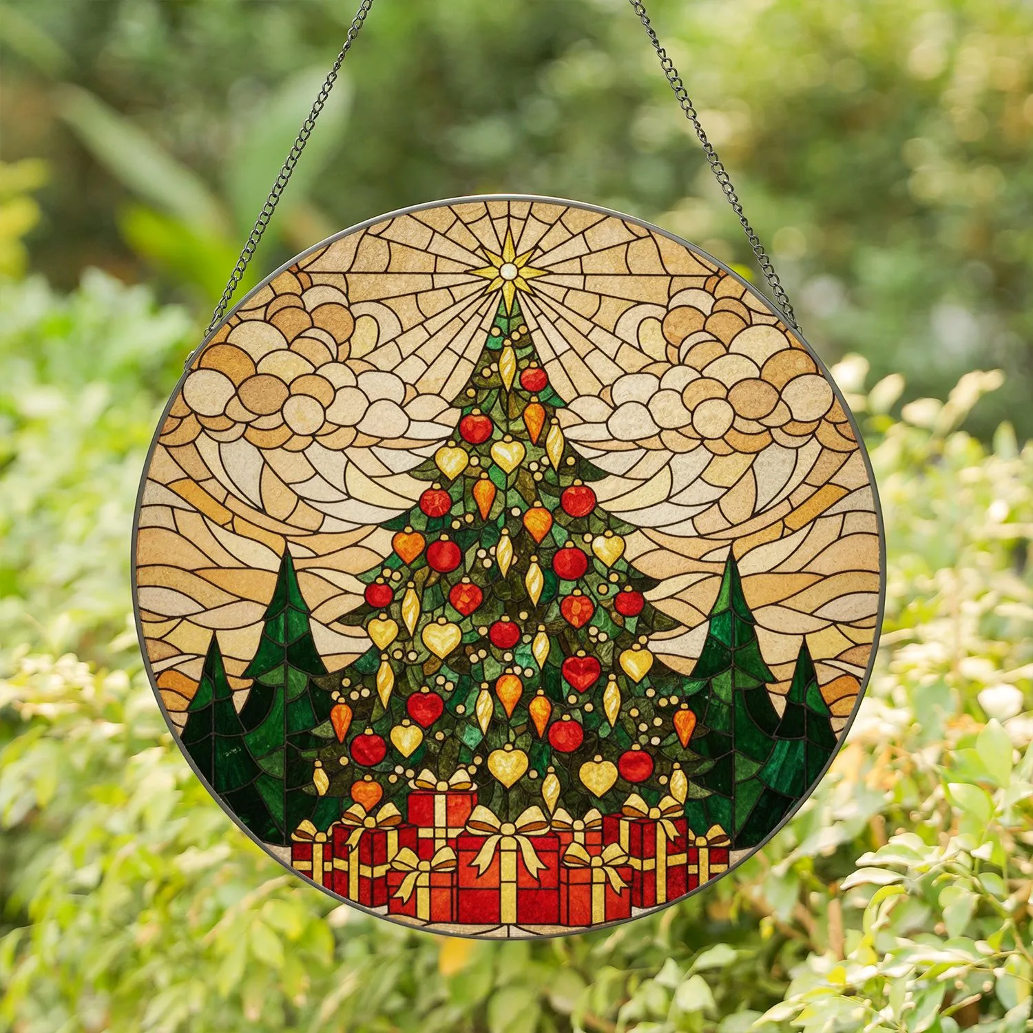 Traditional Stained Glass Christmas Tree Presents Golden Star Ornaments - Holiday Decor Stained Glass Suncatcher - 1