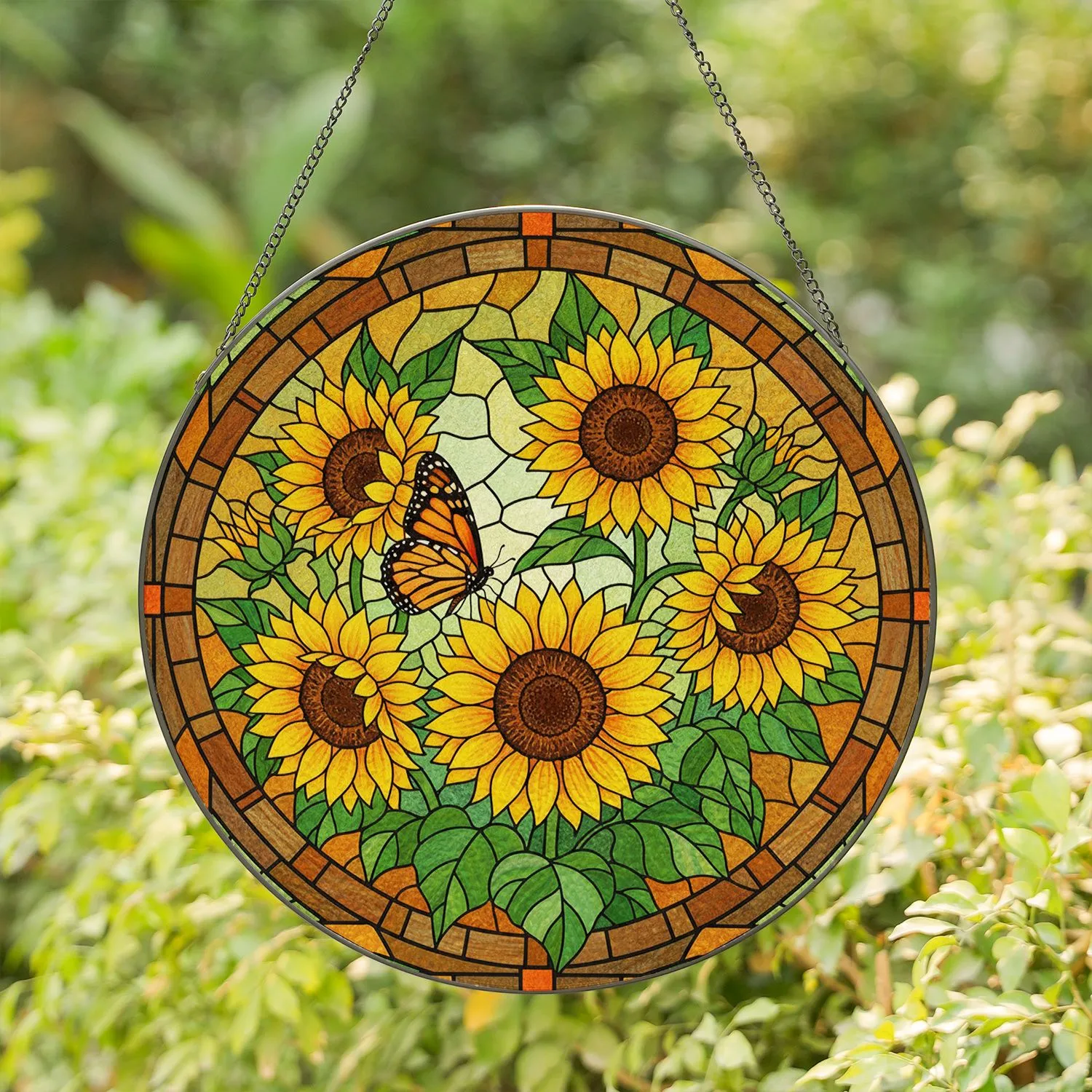 Monarch Butterfly Sunflower Stained Glass Art - Tiffany Style Intricate Floral Mosaic Stained Glass Suncatcher - 1