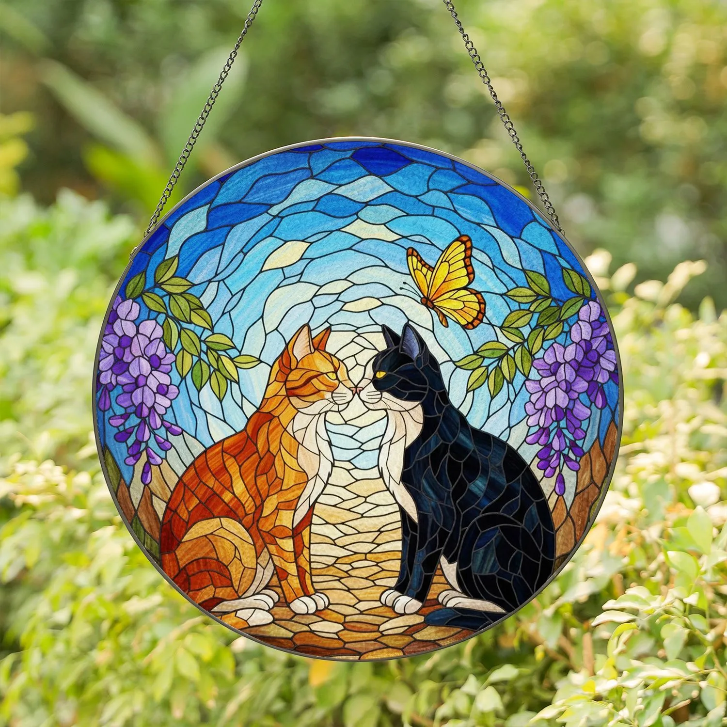 Stained Glass Ginger Tabby Tuxedo Cats Noses Touching - Butterfly Blossoms Jewel Tone Stained Glass Suncatcher - 1