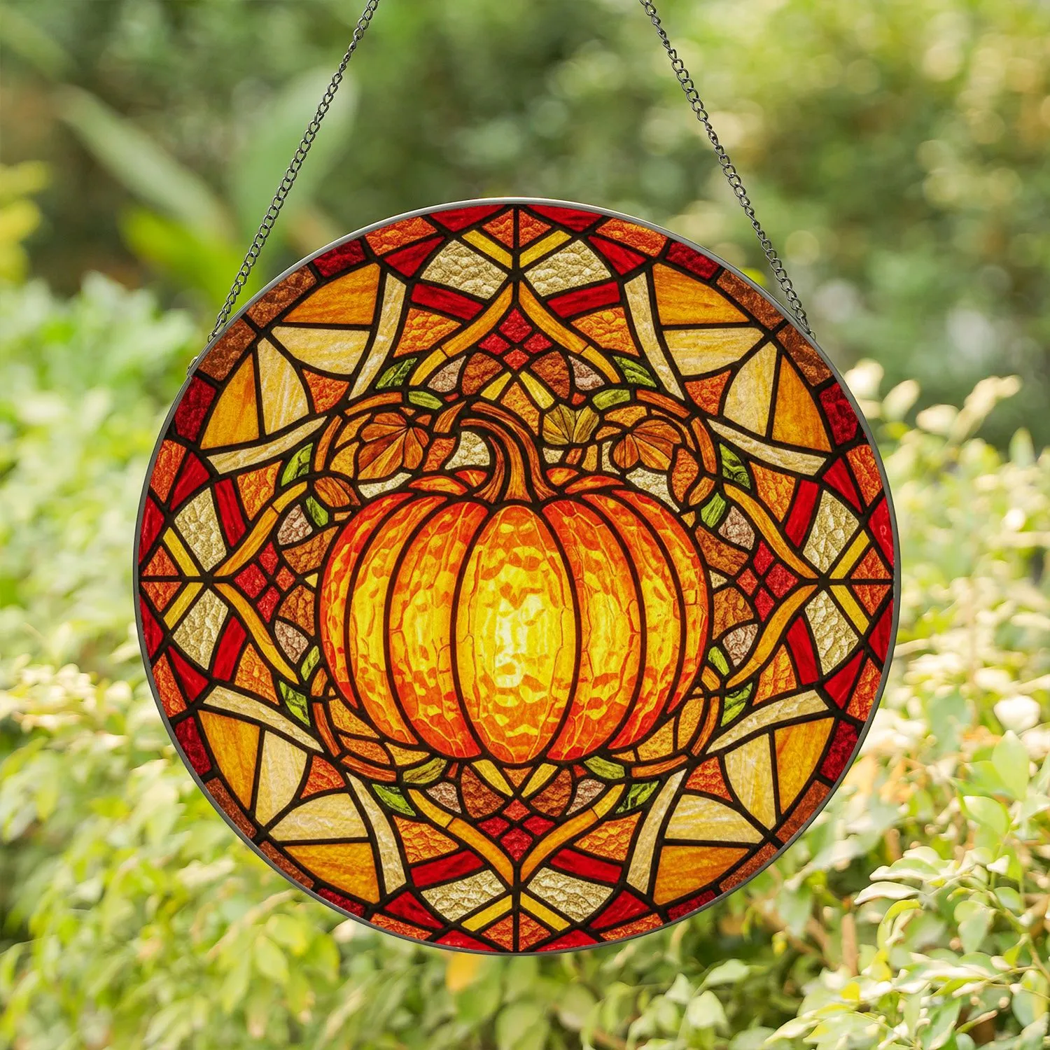 Large Plump Pumpkin Stained Glass Mosaic - Tiffany Style Jewel Tone Geometric Patterns Stained Glass Suncatcher - 1
