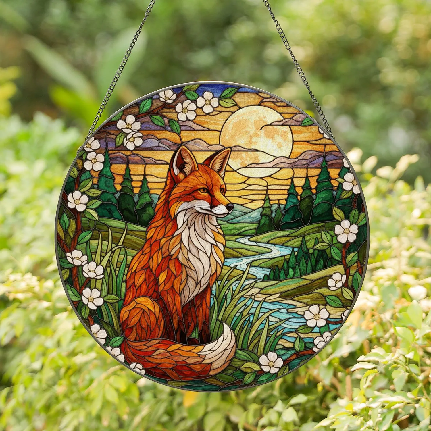 Russet Fox Tiffany Stained Glass - Full Moon Evening Landscape Greenery & Blossoms Stained Glass Suncatcher - 1