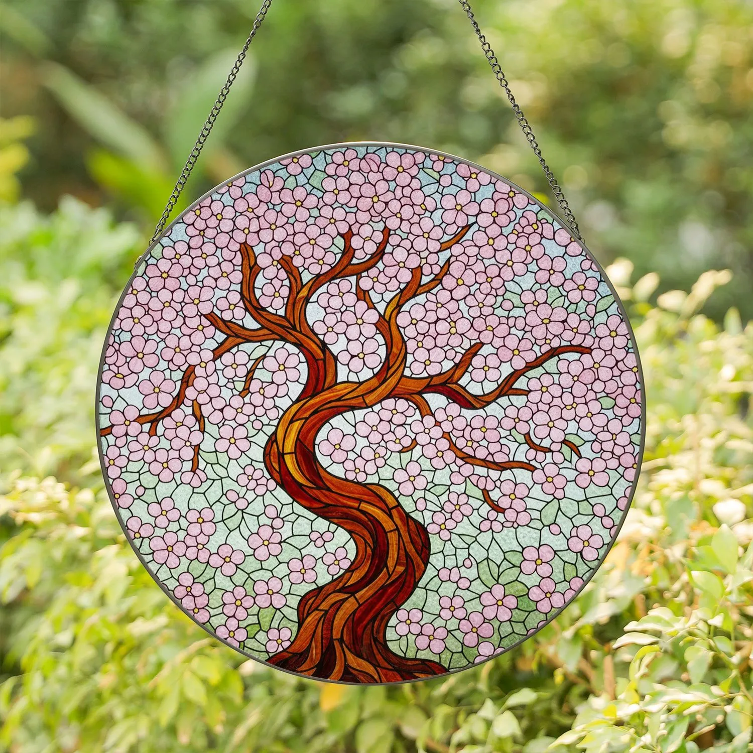 Gnarled Cherry Blossom Tree Stained Glass - Pink Flowers Dense Mosaic Art Gift Stained Glass Suncatcher - 1