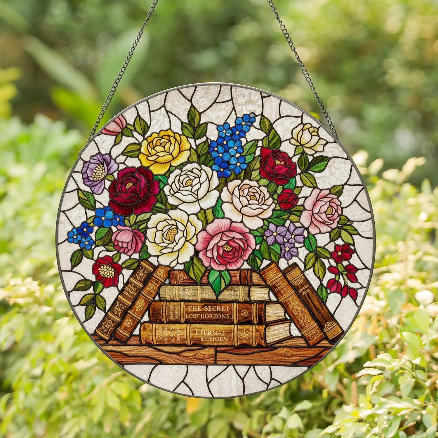 Stained Glass Rose Peony Bouquet - Antique Bookshelf Flowers Art Reader Gift Stained Glass Suncatcher - 1