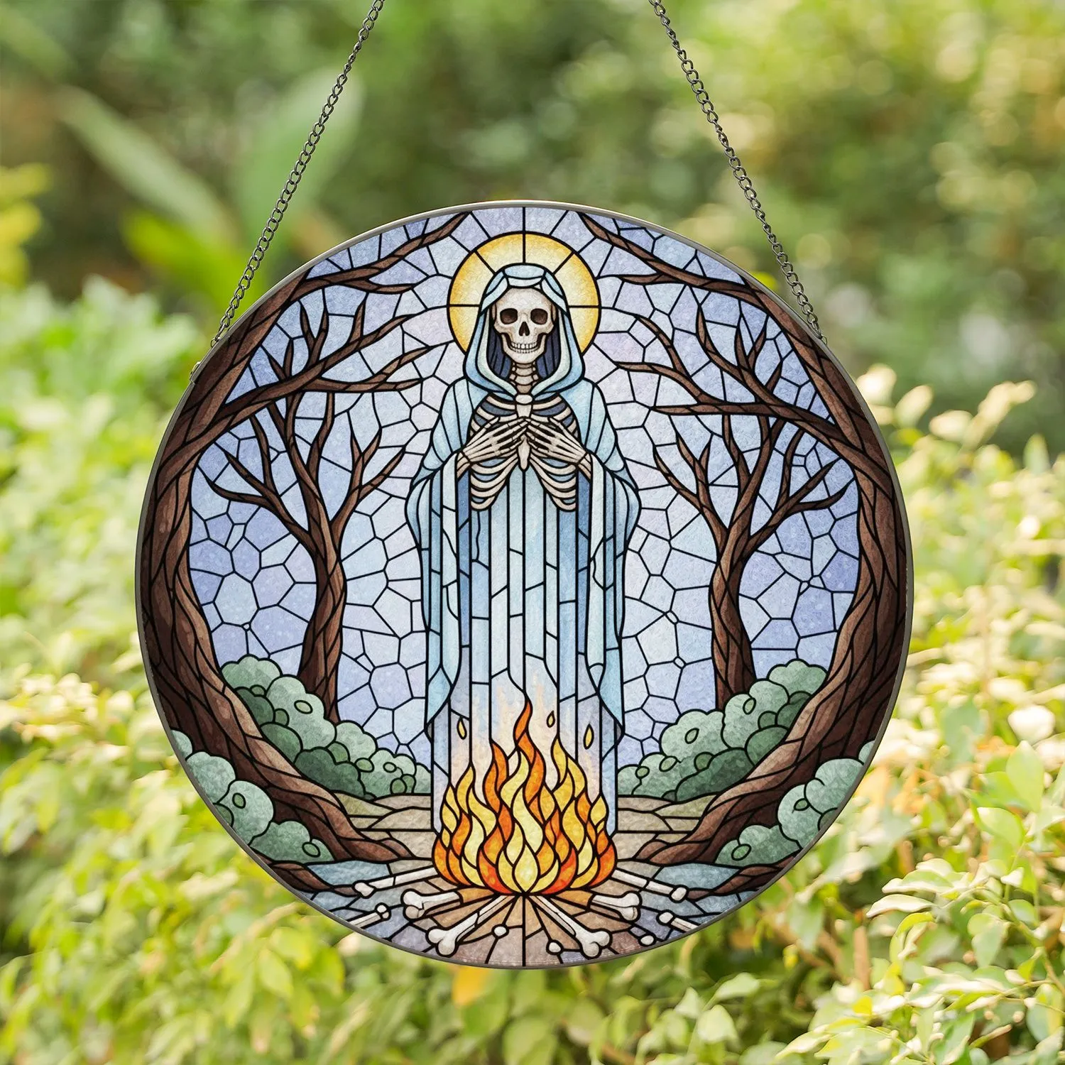 Skeletal Figure Bonfire Stained Glass Art - Golden Halo, Scattered Bones, Gnarled Trees Stained Glass Suncatcher - 1
