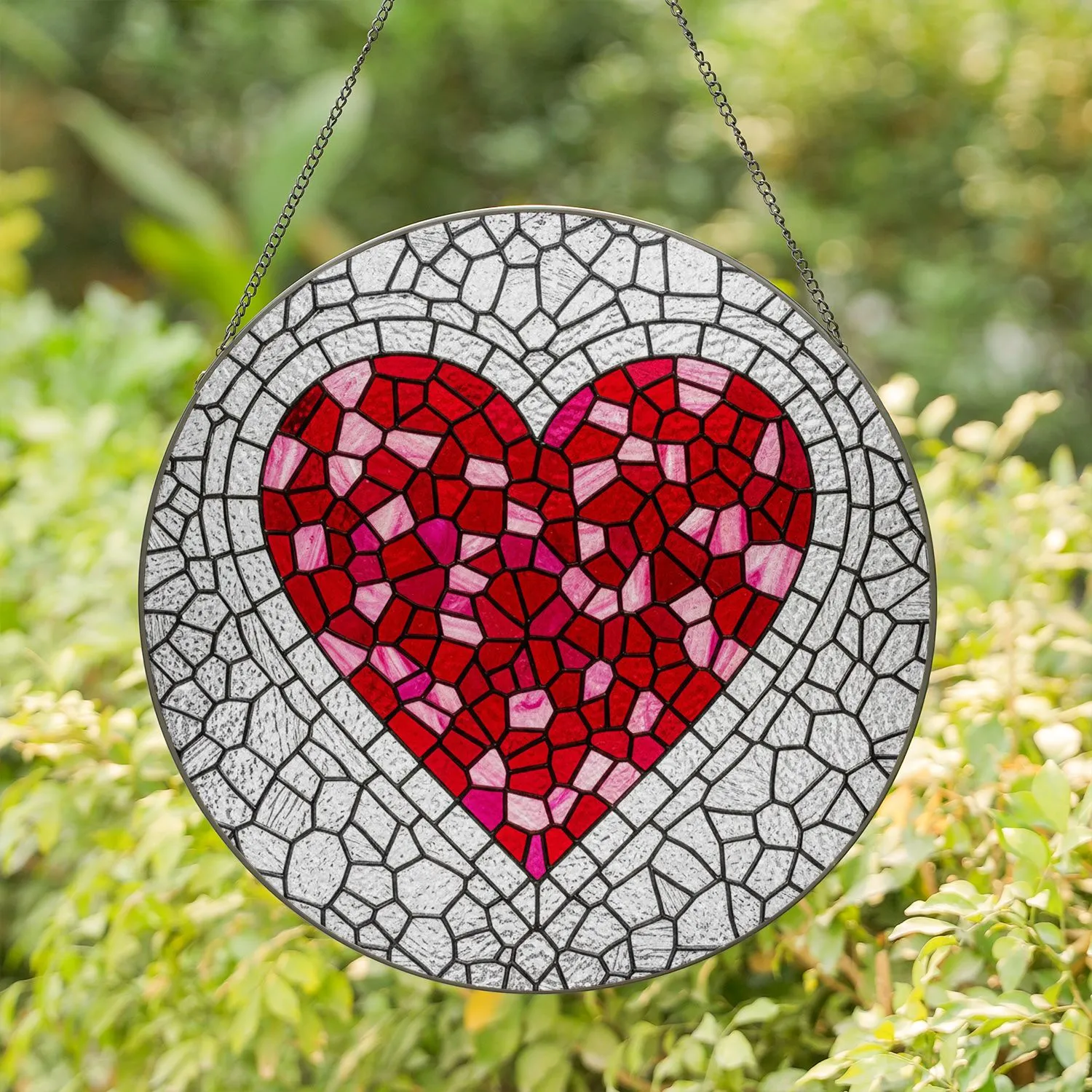 Red Pink Abstract Mosaic Heart Stained Glass Jewel Tones - Tiffany Style Clear Textured Glass Stained Glass Suncatcher - 1