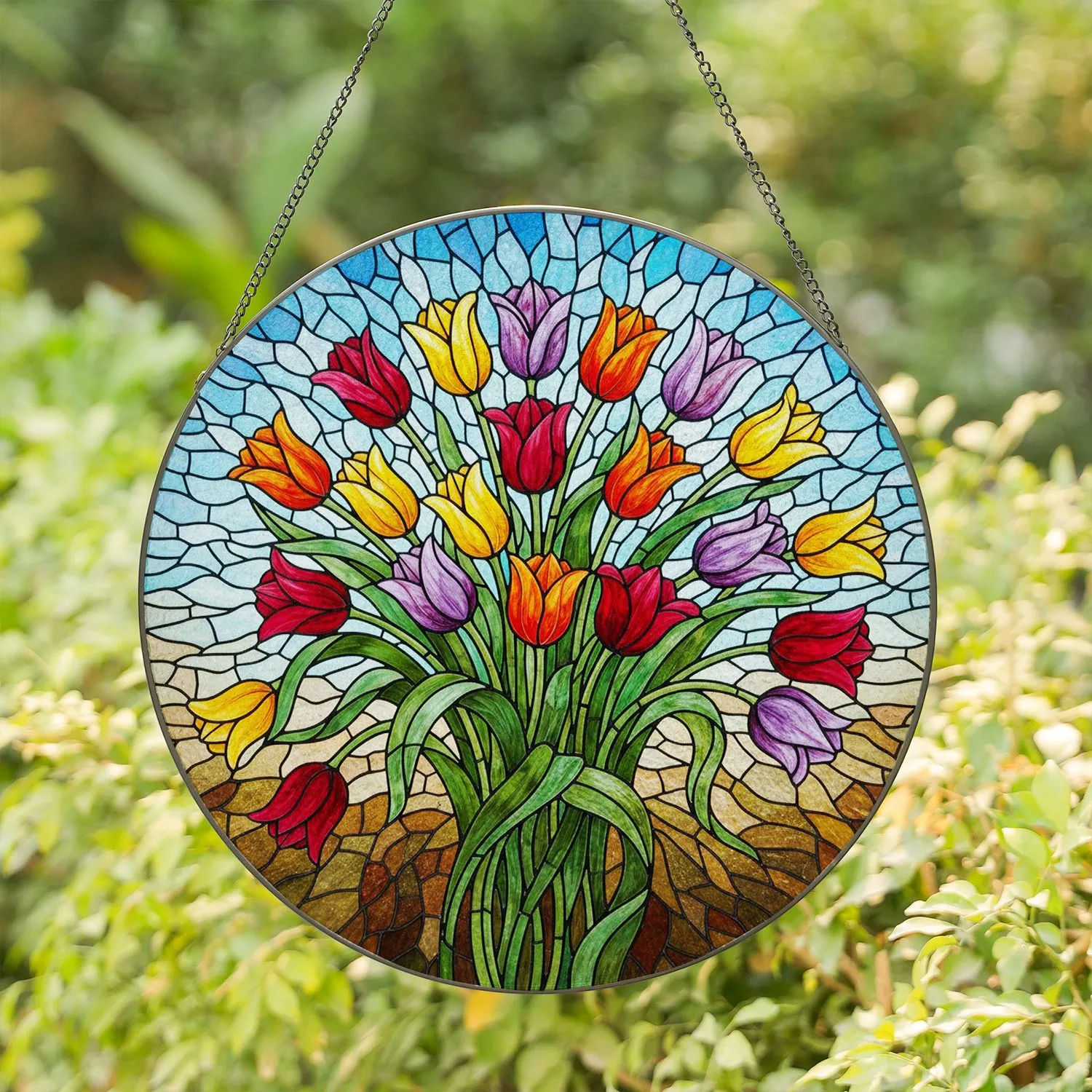 Blooming Tulips Tiffany Stained Glass - Floral Mosaic Home Decor Gift Stained Glass Suncatcher - 1