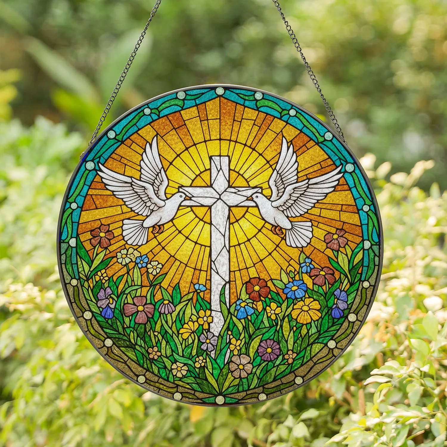 Stained Glass Christian Cross Doves Wildflowers Sunburst - Spiritual Home Decor Gift Stained Glass Suncatcher - 1