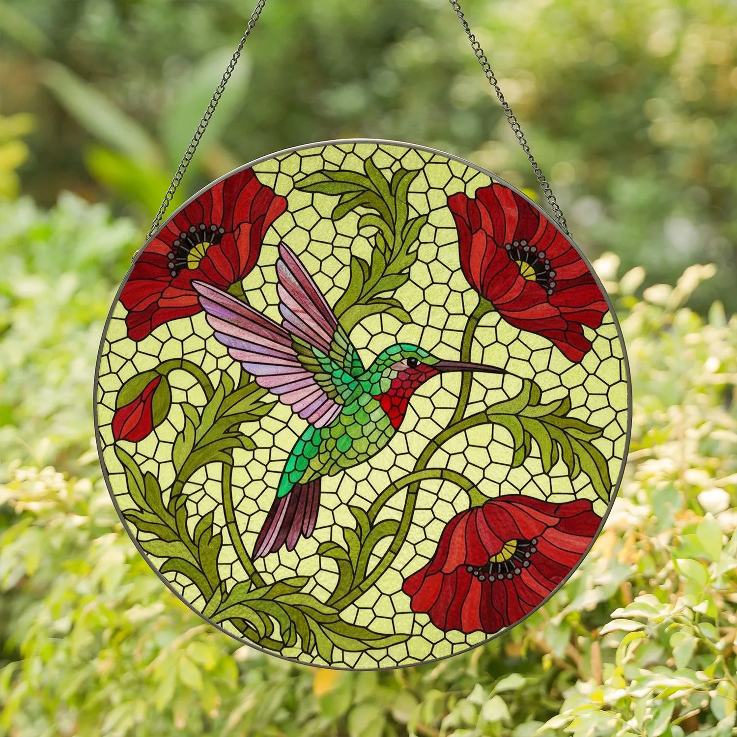 Intricate Hummingbird Poppy Stained Glass Mosaic - Window Art Home Decor Gift Stained Glass Suncatcher - 1