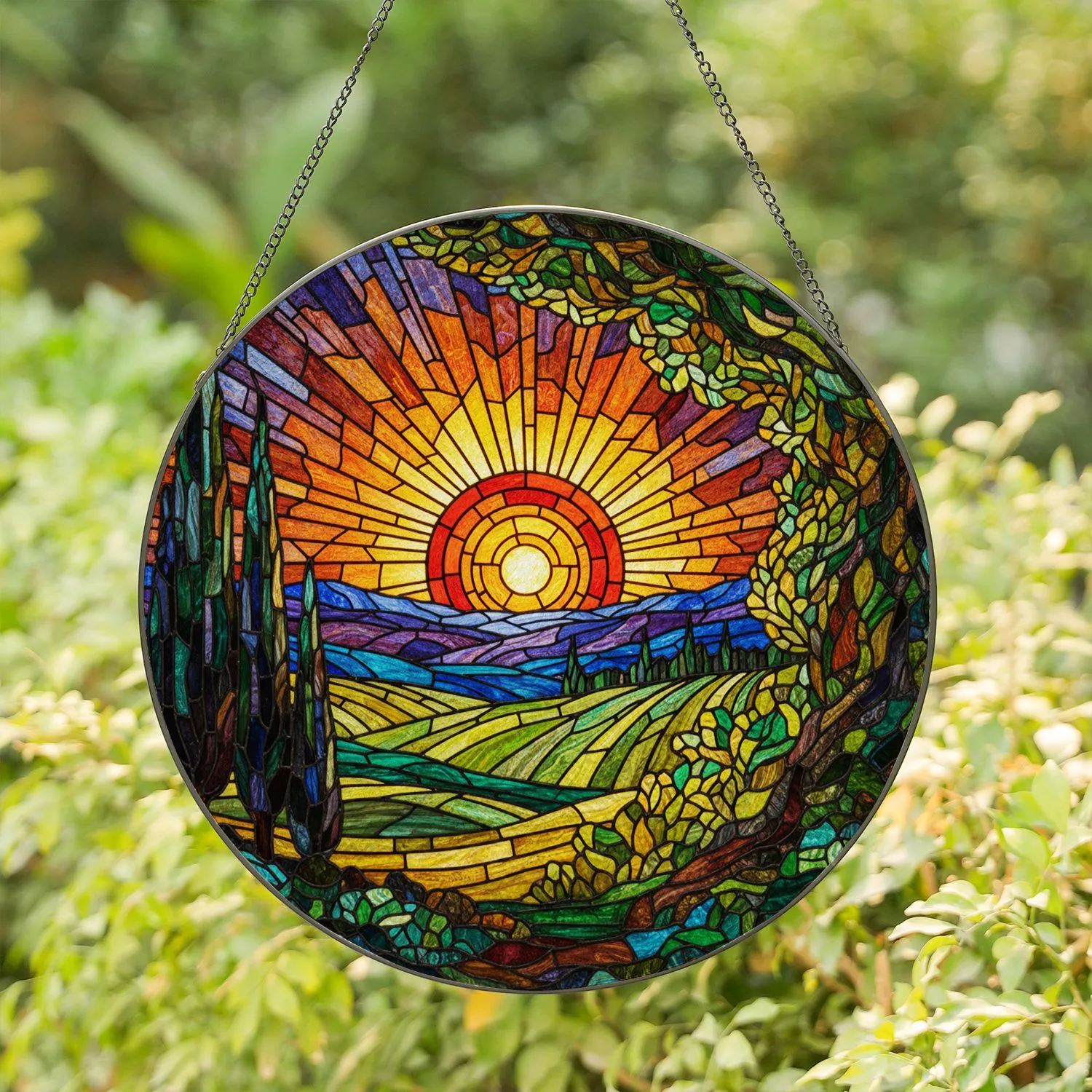 Tiffany Style Stained Glass Sun Mosaic Rolling Hills Cypress Trees Home Accent Stained Glass Suncatcher - 1