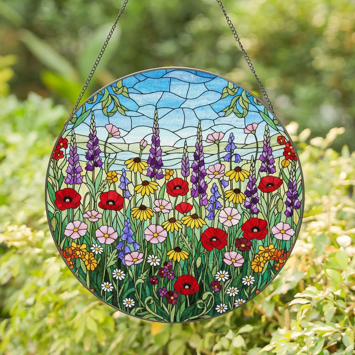 Stained Glass Wildflower Meadow Poppies Cosmos Tiffany Style Bluebells Coneflowers Stained Glass Suncatcher - 1