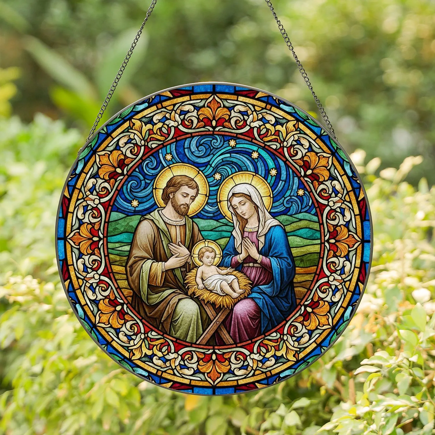 Holy Family Stained Glass Mary Jesus Joseph - Intricate Floral Christian Home Decor Gift Stained Glass Suncatcher - 1