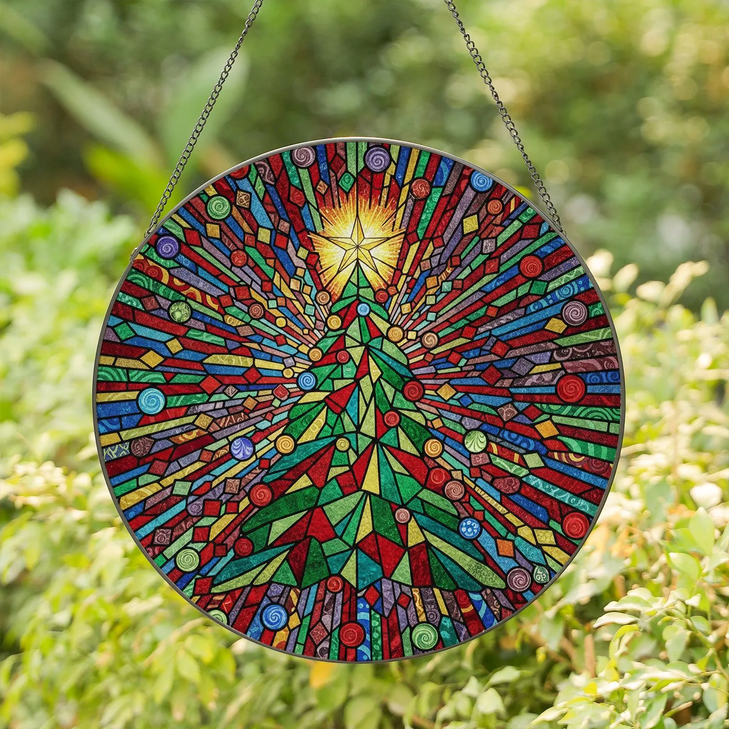 Tiffany Glass Christmas Tree Mosaic Sunburst Ornaments - Festive Holiday Winter Gift Stained Glass Suncatcher - 1