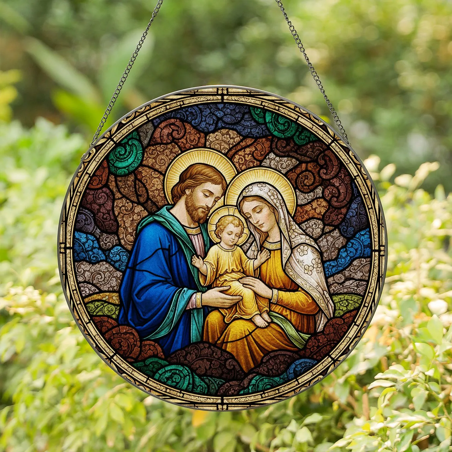 Holy Family Stained Glass Art - Joseph, Mary, Infant Jesus Tiffany Style Christian Gift Stained Glass Suncatcher - 1