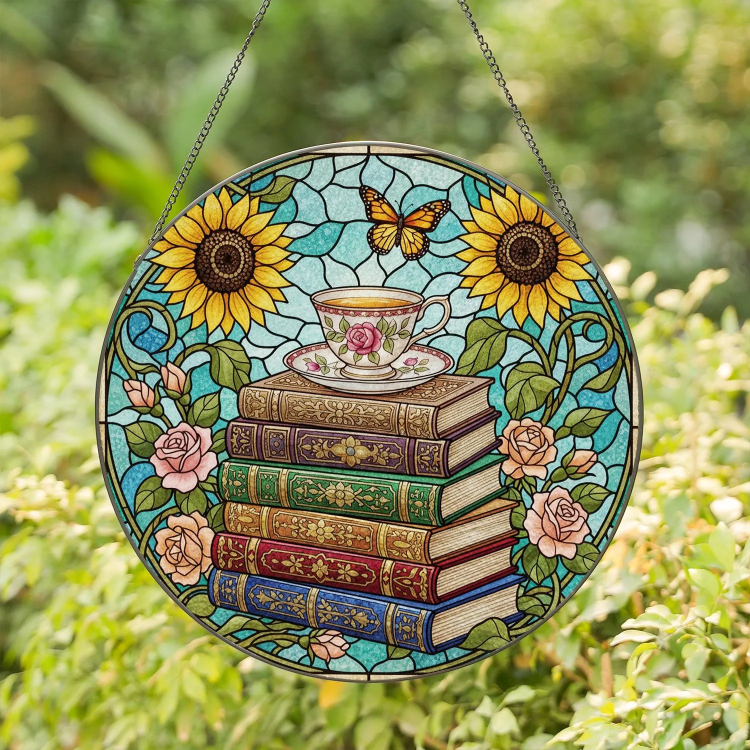 Tiffany Style Books Teacup Sunflowers Roses Butterfly Stained Glass Mosaic Home Decor Stained Glass Suncatcher - 1