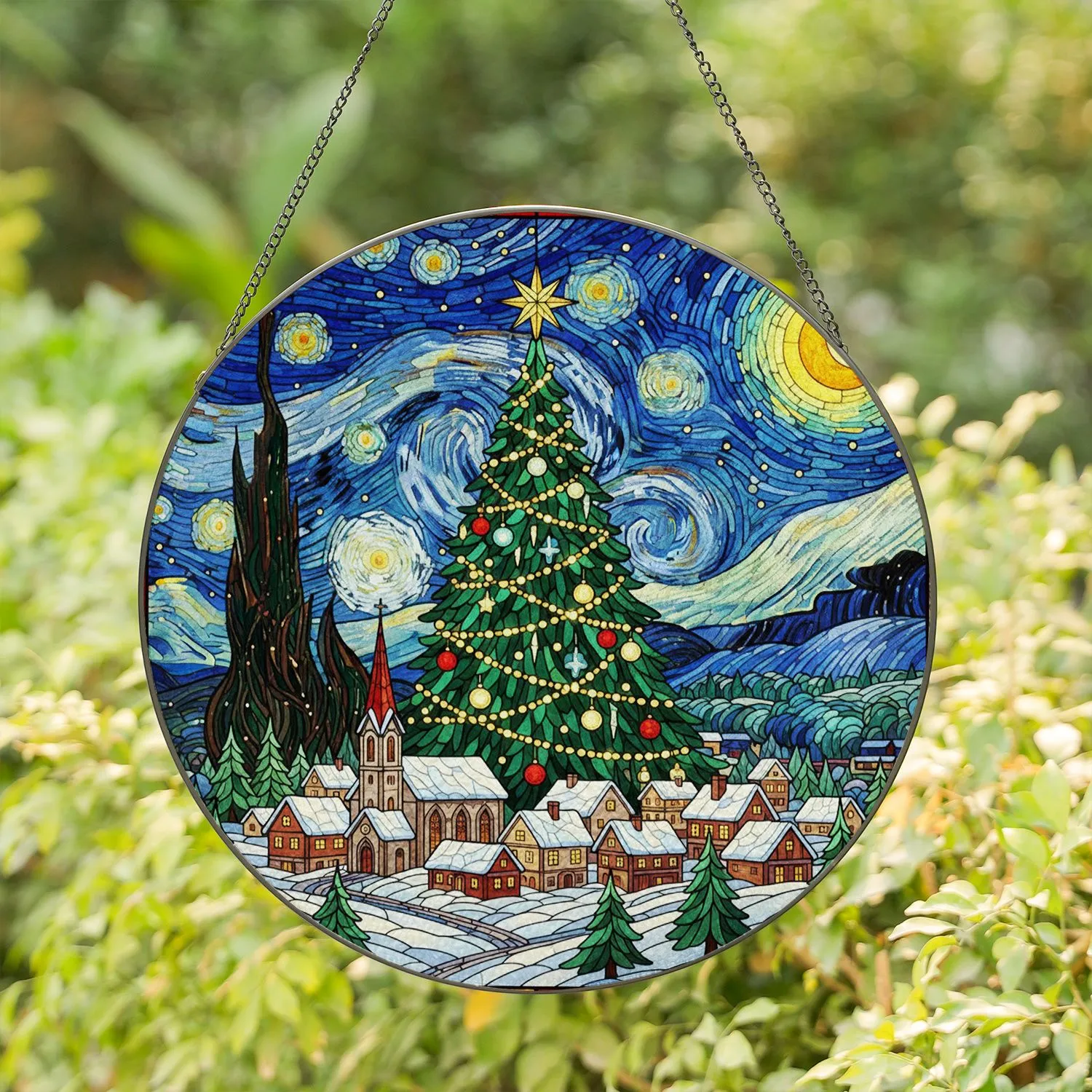 Stained Glass European Village Christmas Tree Starry Night Sky Holiday Decor Stained Glass Suncatcher - 1
