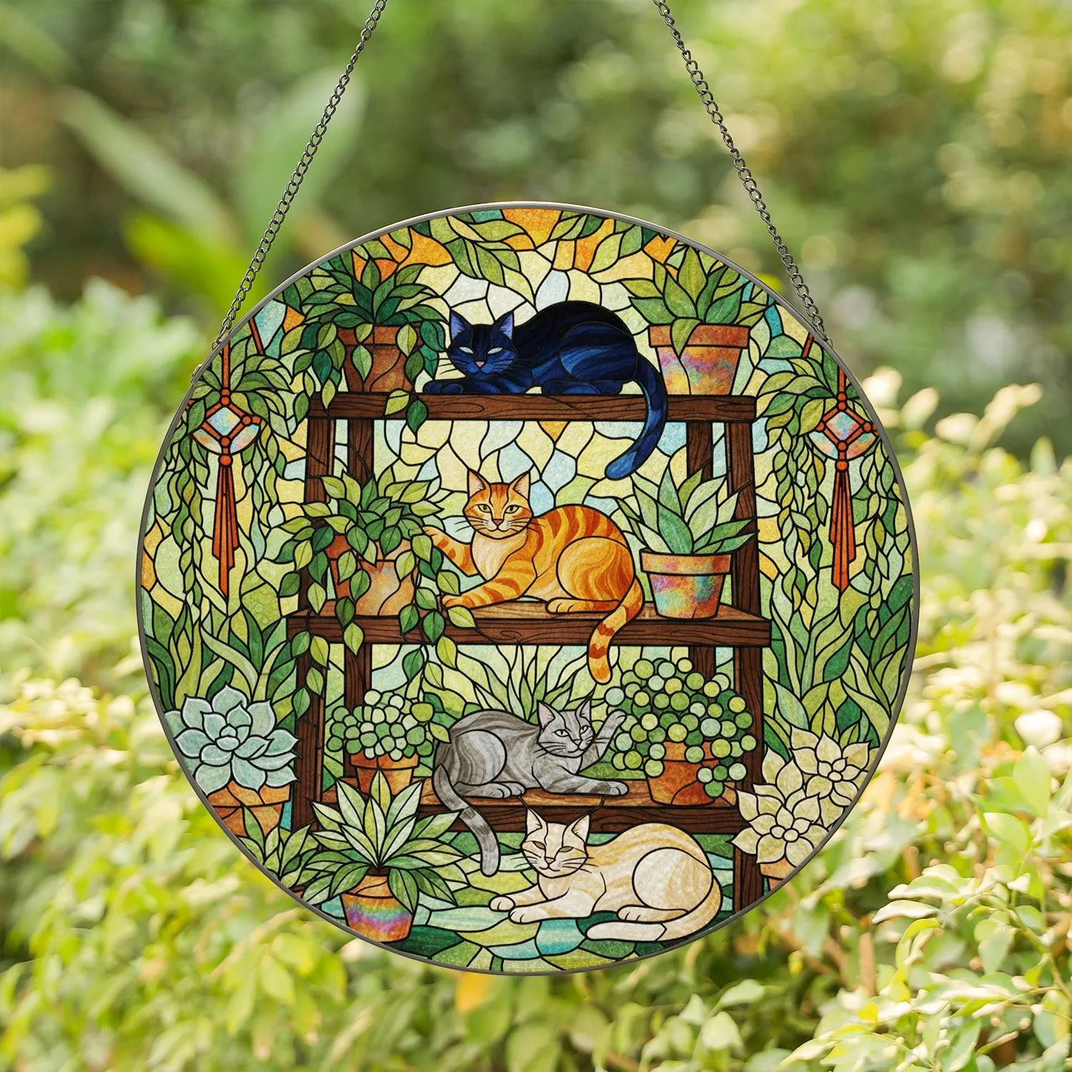 Detailed Cats Plant Shelf Succulents Vines Stained Glass Art - Tiffany Style Decor Stained Glass Suncatcher - 1