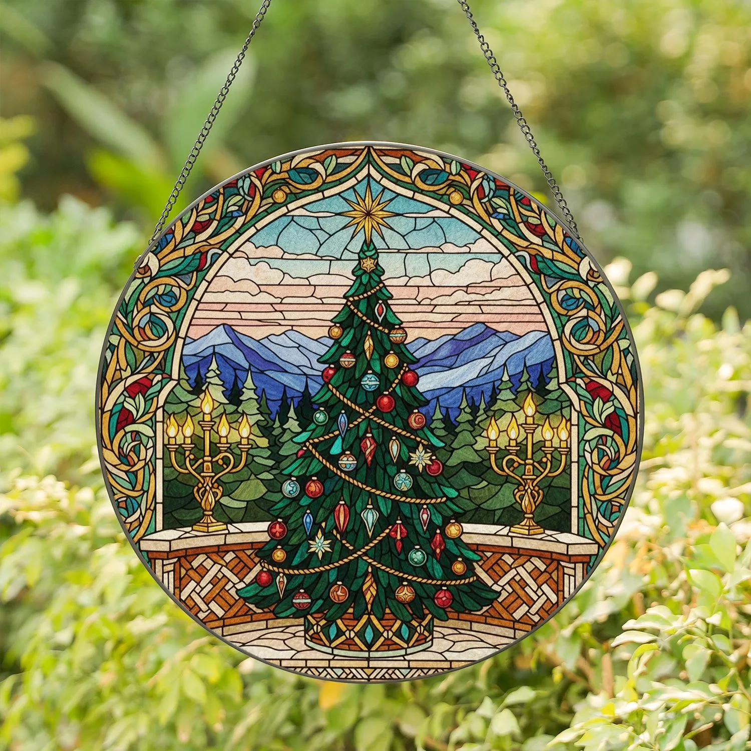 Tiffany Stained Glass Christmas Tree Winter Landscape Candelabra Festive Holiday Decor Stained Glass Suncatcher - 1