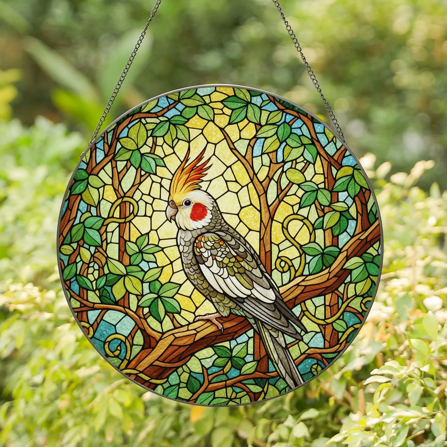 Cockatiel Stained Glass Art - Majestic Bird on Branch Green Foliage Sunny Landscape Stained Glass Suncatcher - 1