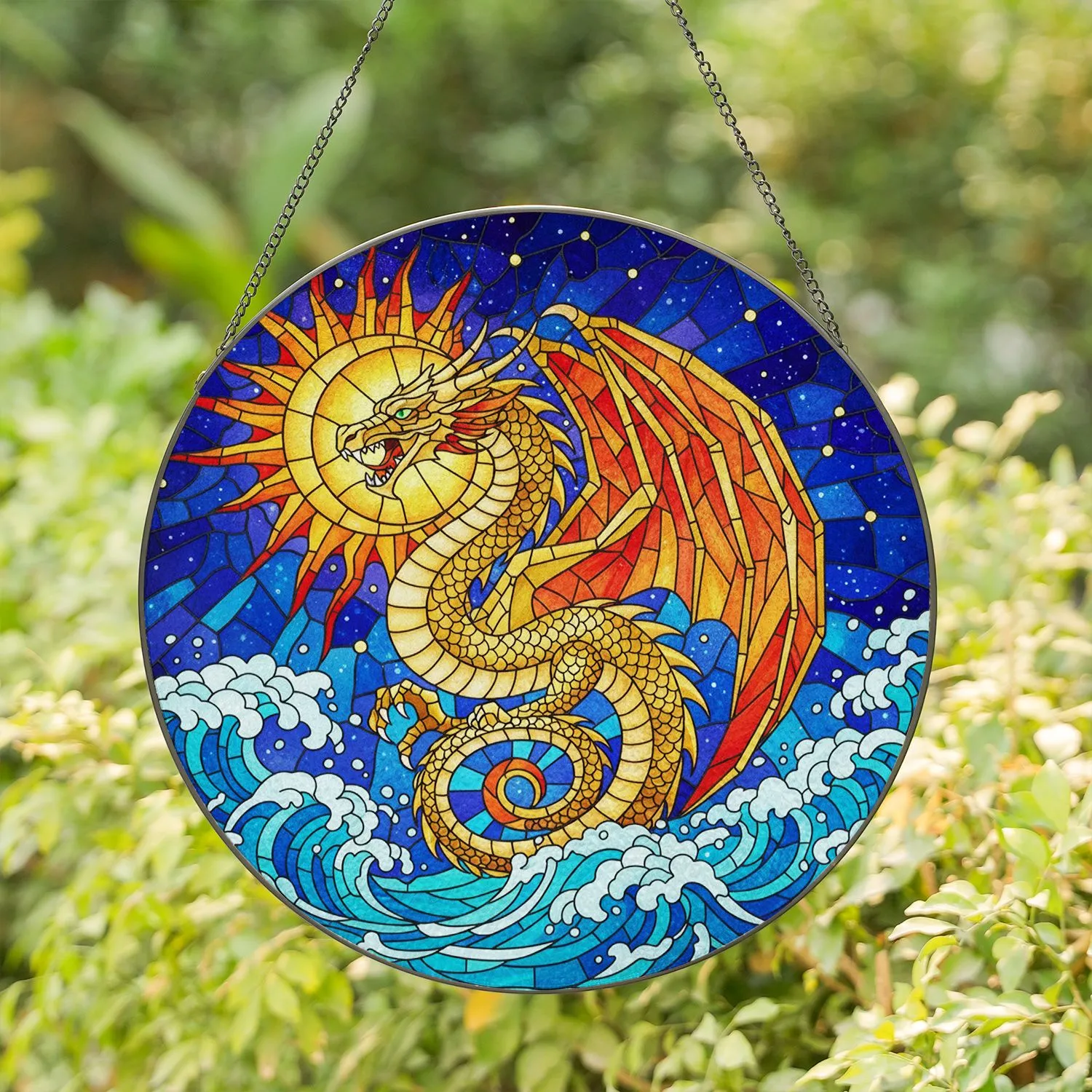 Stained Glass Dragon Cosmic Sky Ocean Waves Jewel Tones - Fiery Wings Golden Scales Stained Glass Suncatcher - 1
