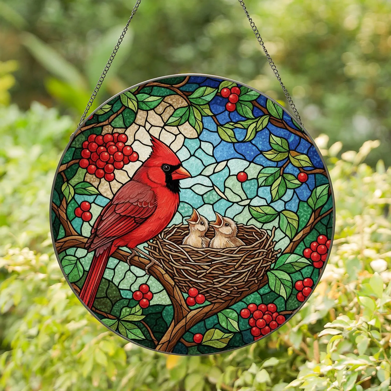 Cardinal Birds Nest Stained Glass - Tiffany Style Red Berries & Green Branches Stained Glass Suncatcher - 1