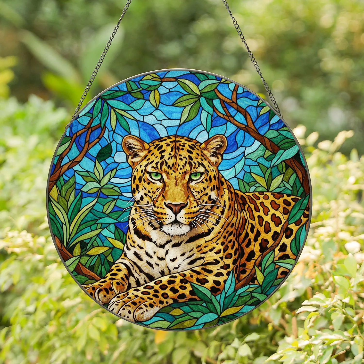 Majestic Leopard Tiffany Stained Glass Jungle Art Emerald Eyes Rosette Coat Detail Stained Glass Suncatcher - 1