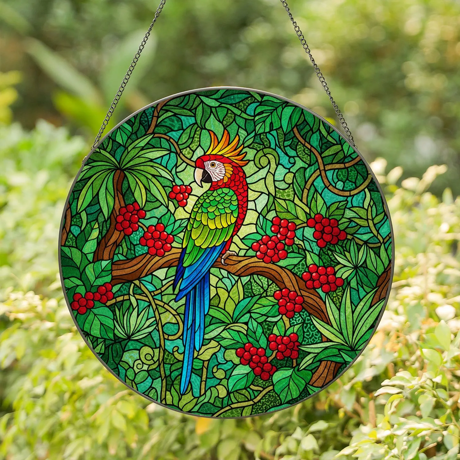 Stained Glass Tropical Parrot with Red Berries Green Leaves - Tiffany Style Jewel Tone Art Decor Stained Glass Suncatcher - 1