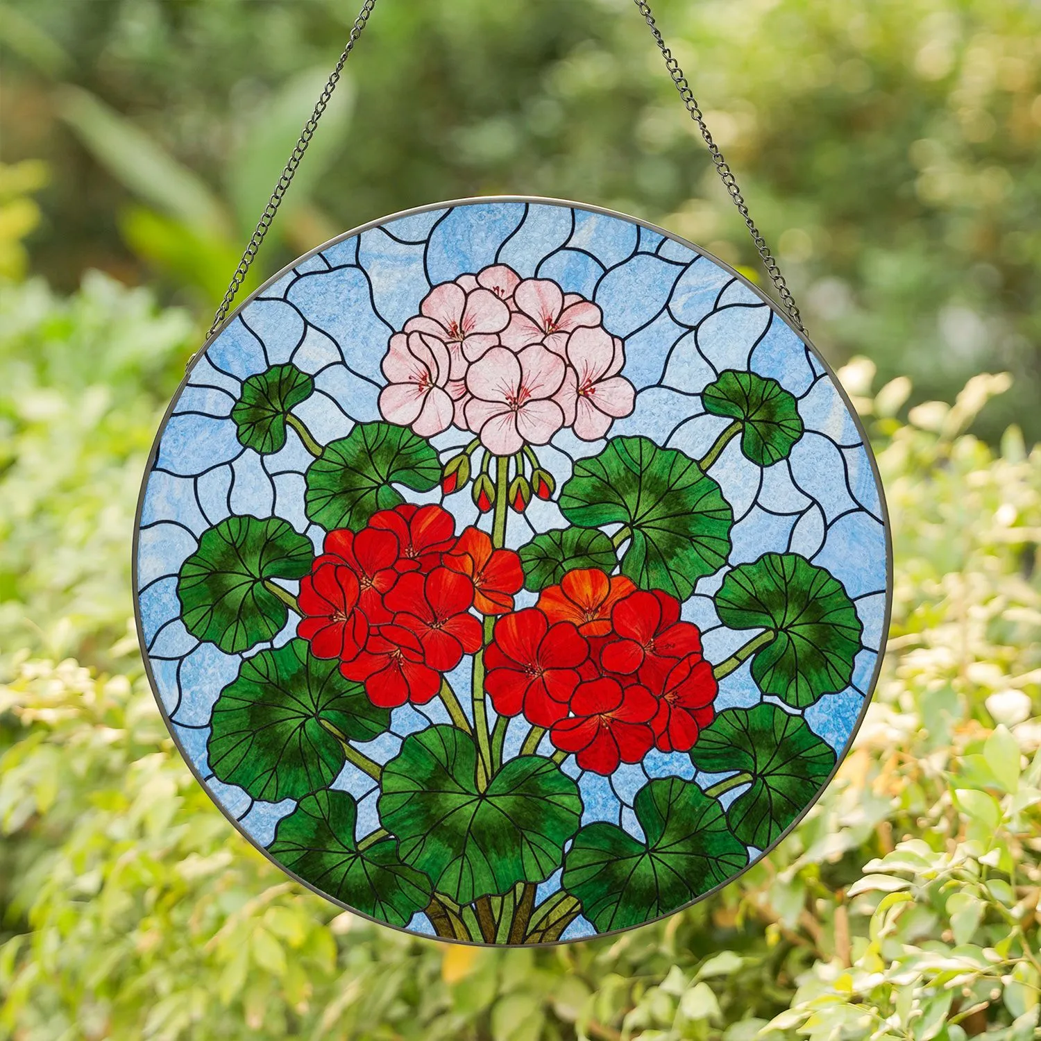 Geranium Flowers Stained Glass Art - Tiffany Style Mosaic with Red Orange Pink Green Blue Stained Glass Suncatcher - 1