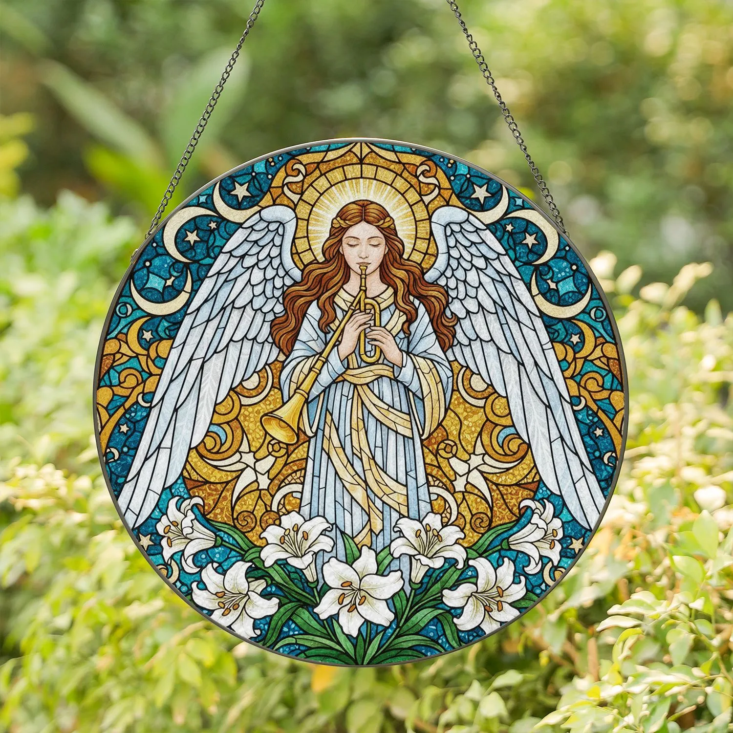 Tiffany Style Angel Golden Trumpet White Lilies Celestial Clouds Stained Glass Jewel Tones Stained Glass Suncatcher - 1