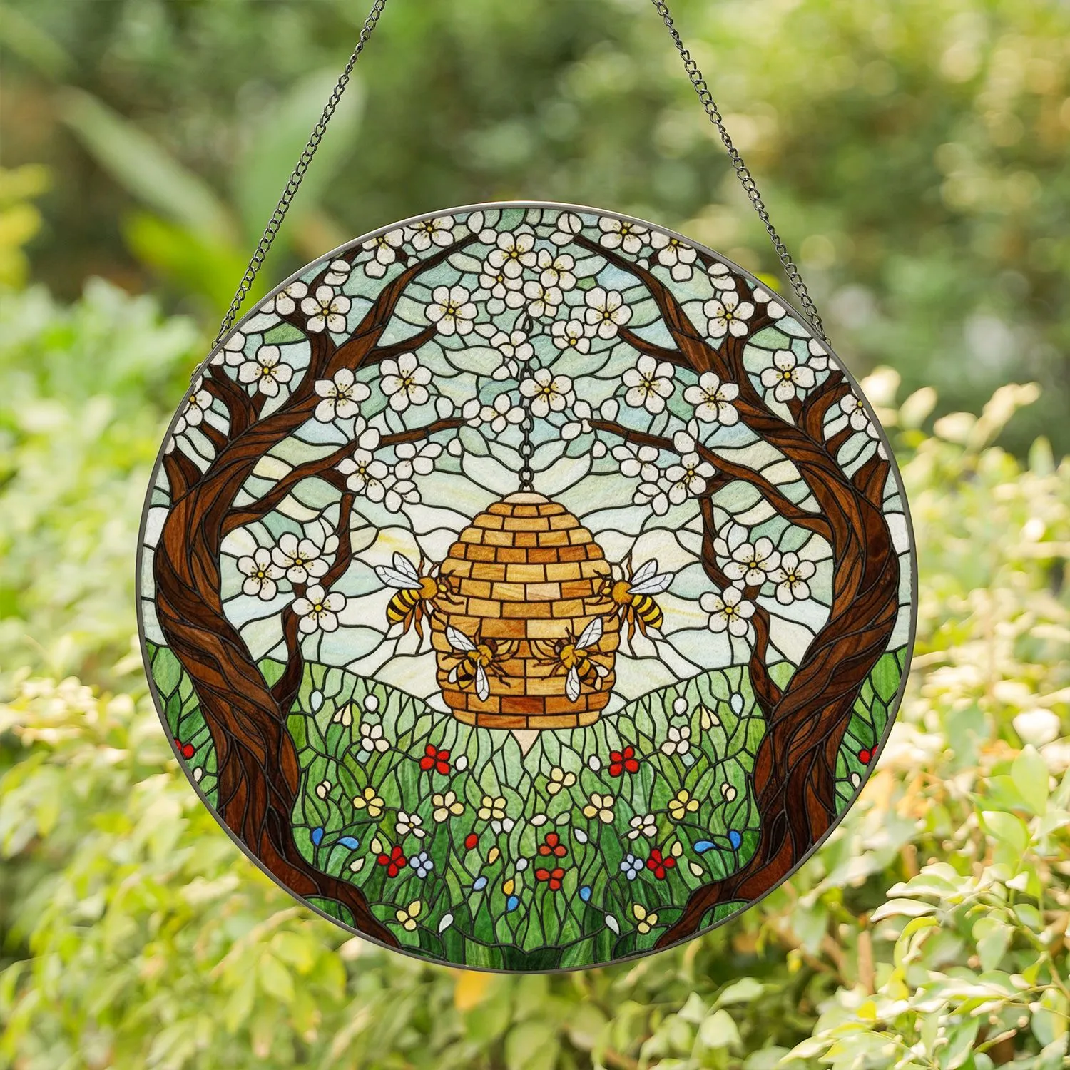 Bell Skep Beehive Honey Bees Cherry Blossoms Gnarled Tree Stained Glass Artwork Stained Glass Suncatcher - 1