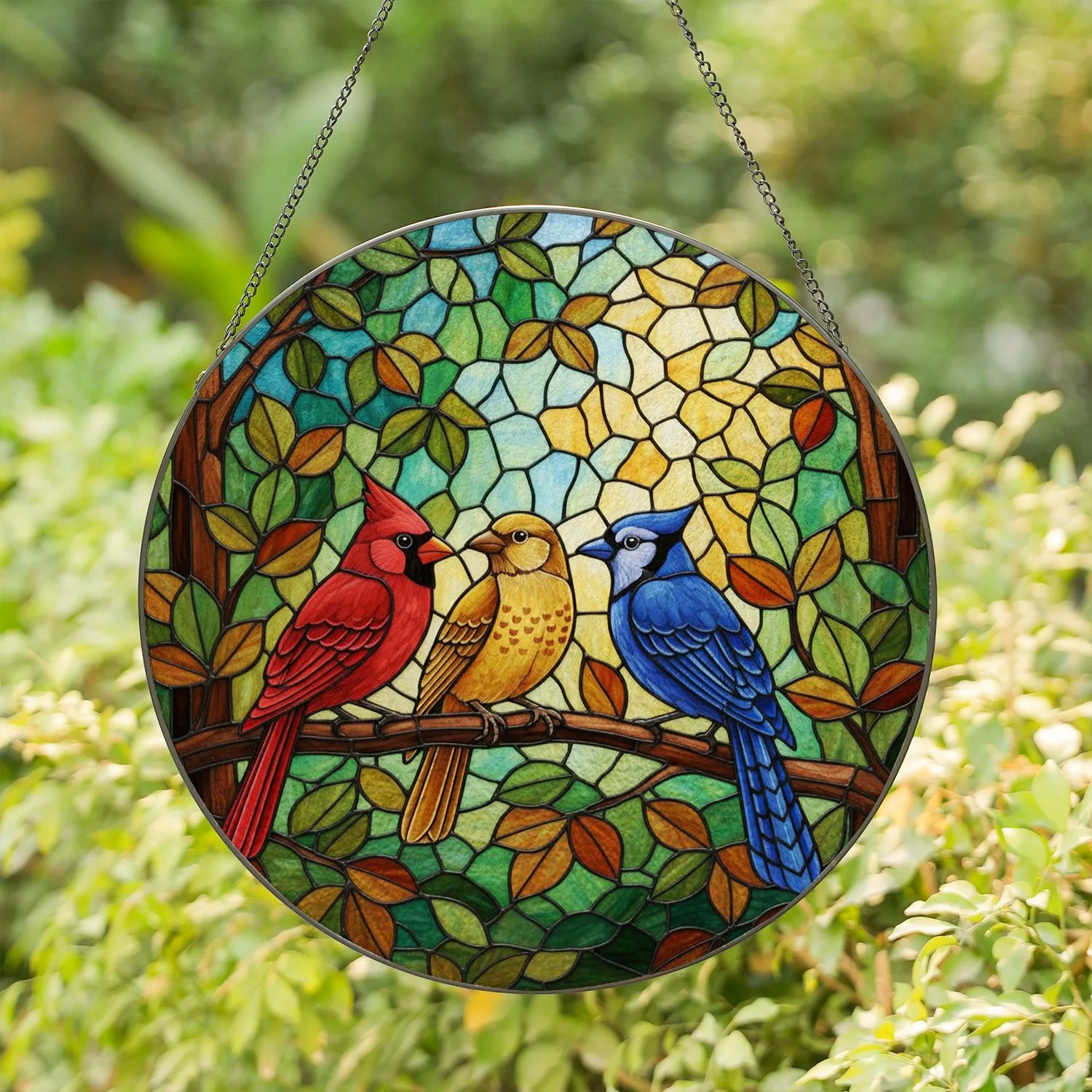 Tiffany Stained Glass Birds Perched Branch - Vibrant Jewel Tones Foliage Art Stained Glass Suncatcher - 1