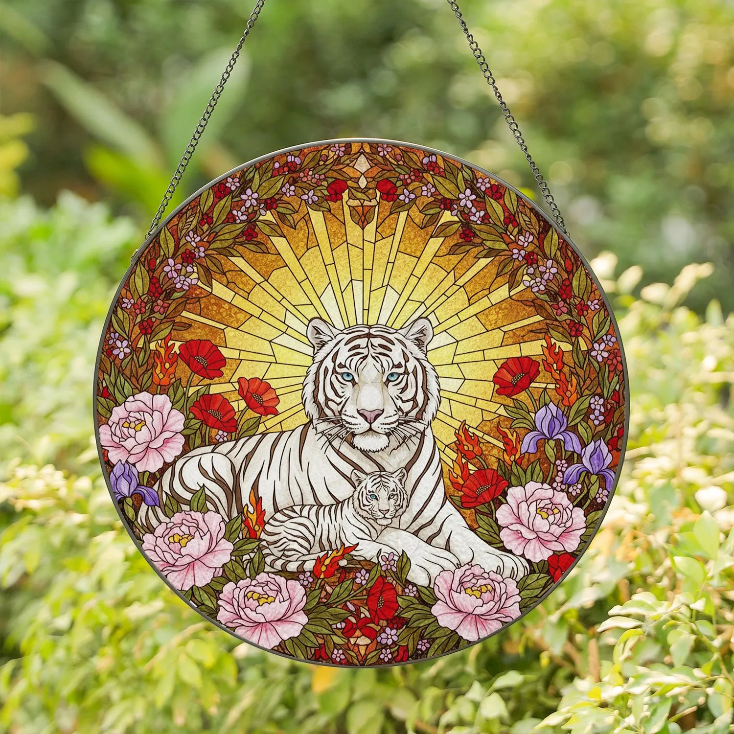 White Tiger Cub Stained Glass Art, Pink Peonies Red Poppies Purple Irises Blossoms Stained Glass Suncatcher - 1