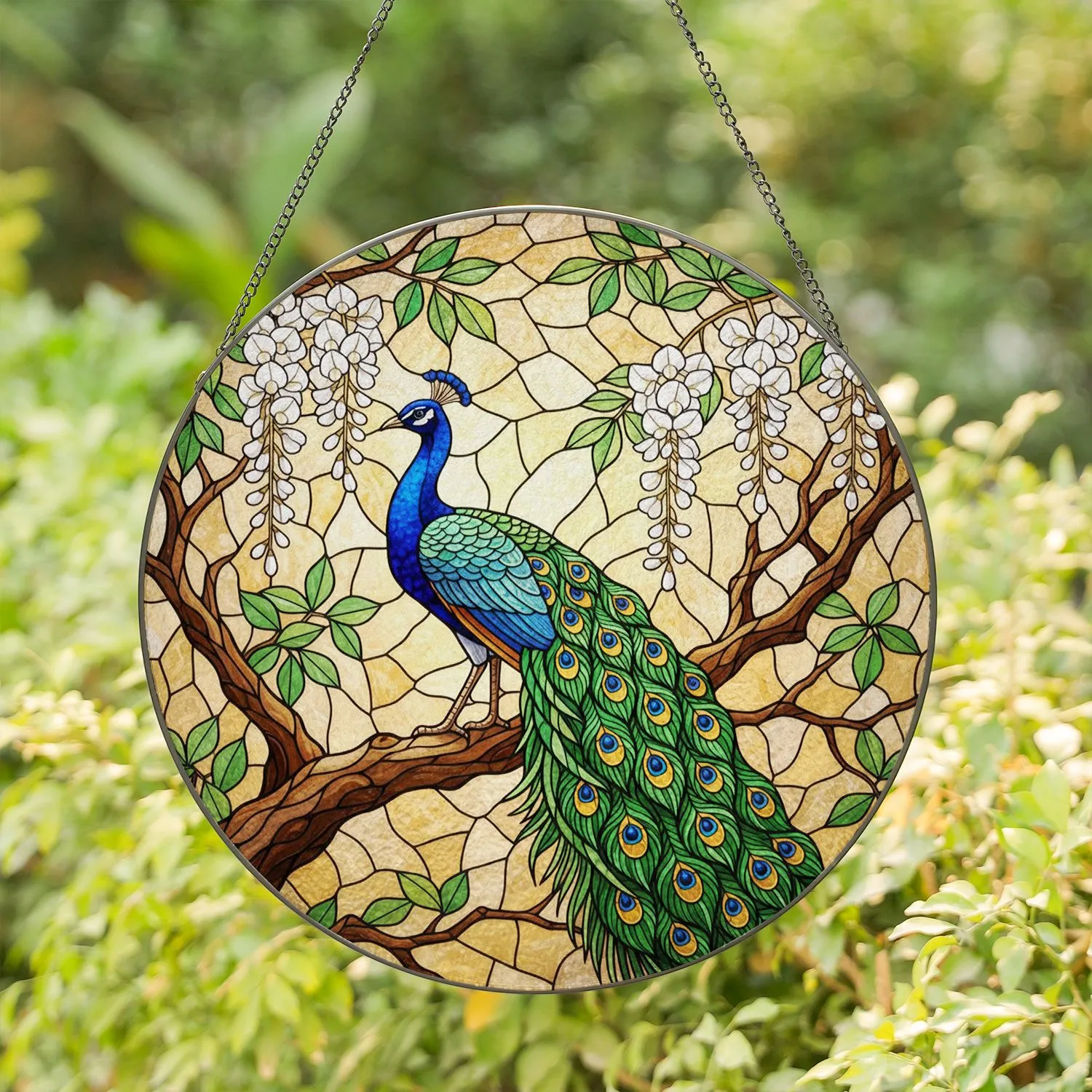Majestic Peacock Wisteria Blossoms Stained Glass Art - Iridescent Tiffany Style Design Stained Glass Suncatcher - 1