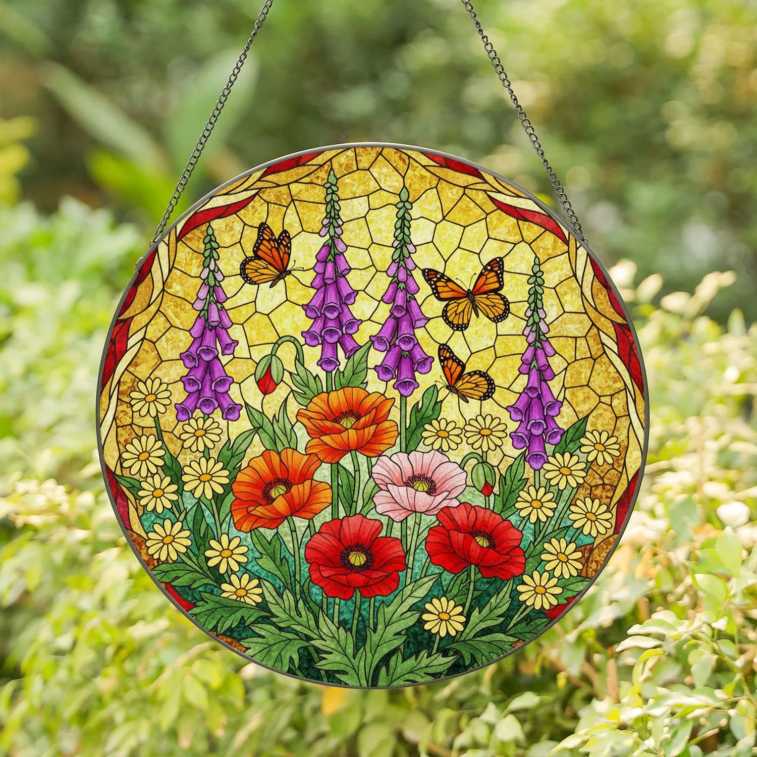 Tiffany Glass Poppies Foxglove Butterflies Garden - Intricate Window Decor Art Gift Stained Glass Suncatcher - 1