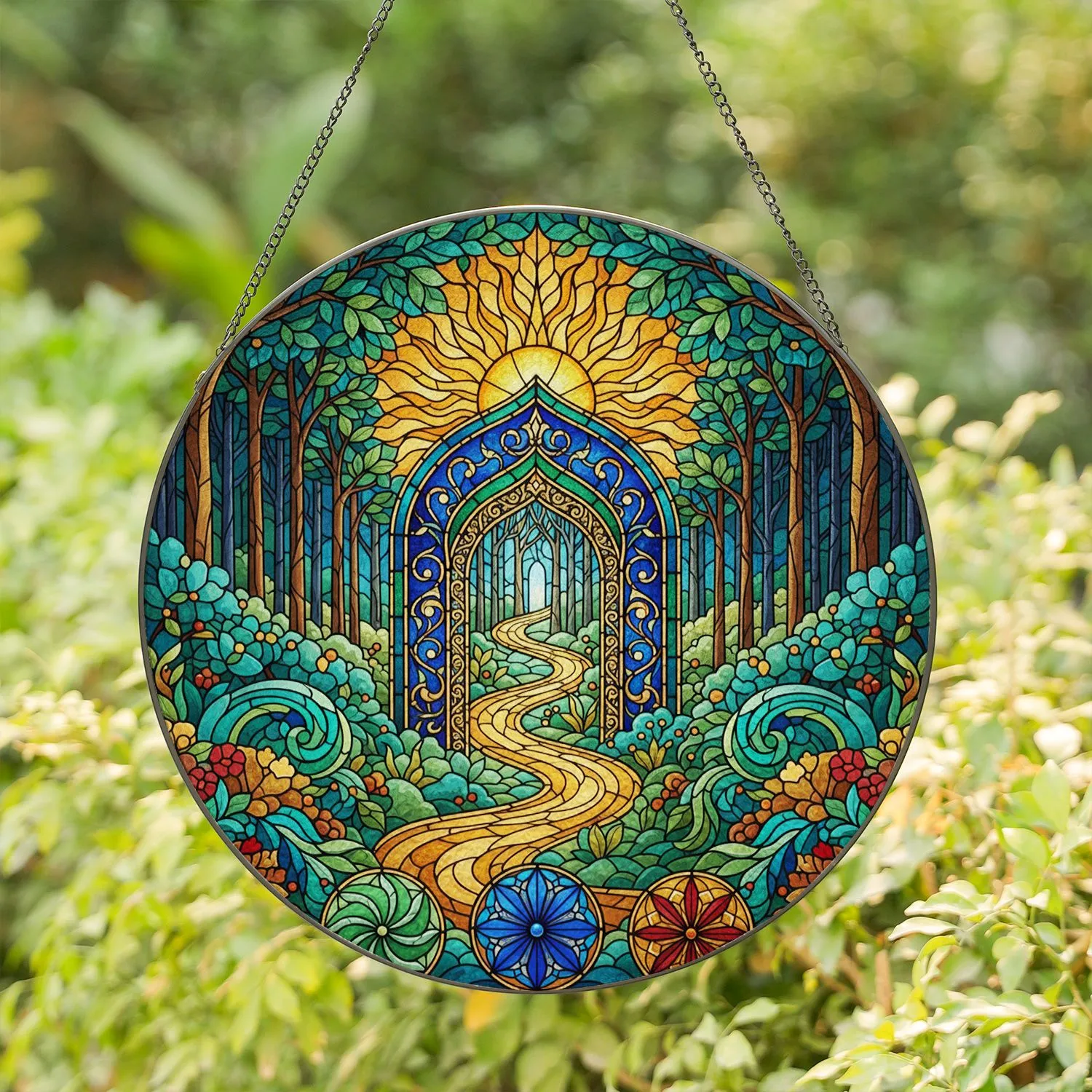 Enchanted Forest Path Arched Gateway Sun Stained Glass Tiffany Style Jewel Tone Decor Stained Glass Suncatcher - 1