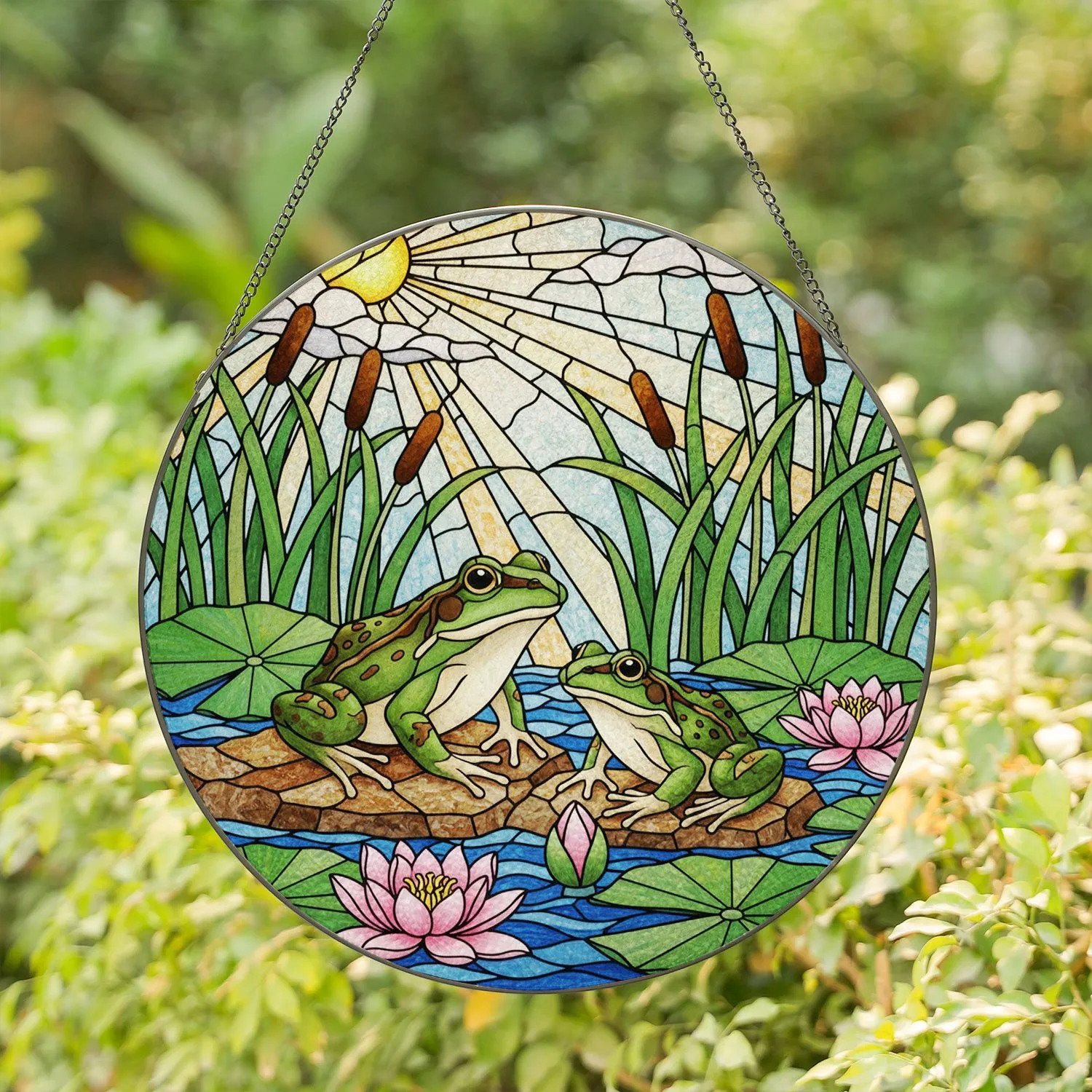 Two Green Frogs Pink Water Lilies Blue Water Stained Glass Art - Reeds Cattails Tiffany Style Stained Glass Suncatcher - 1
